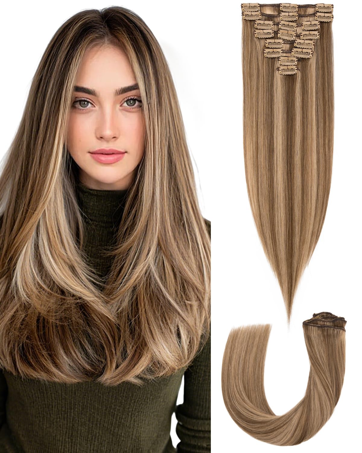 SLEEKALON Human Hair Extensions Clip in Real Hair Remy Highlighted #4/27 Medium Brown Mix Dark Blonde