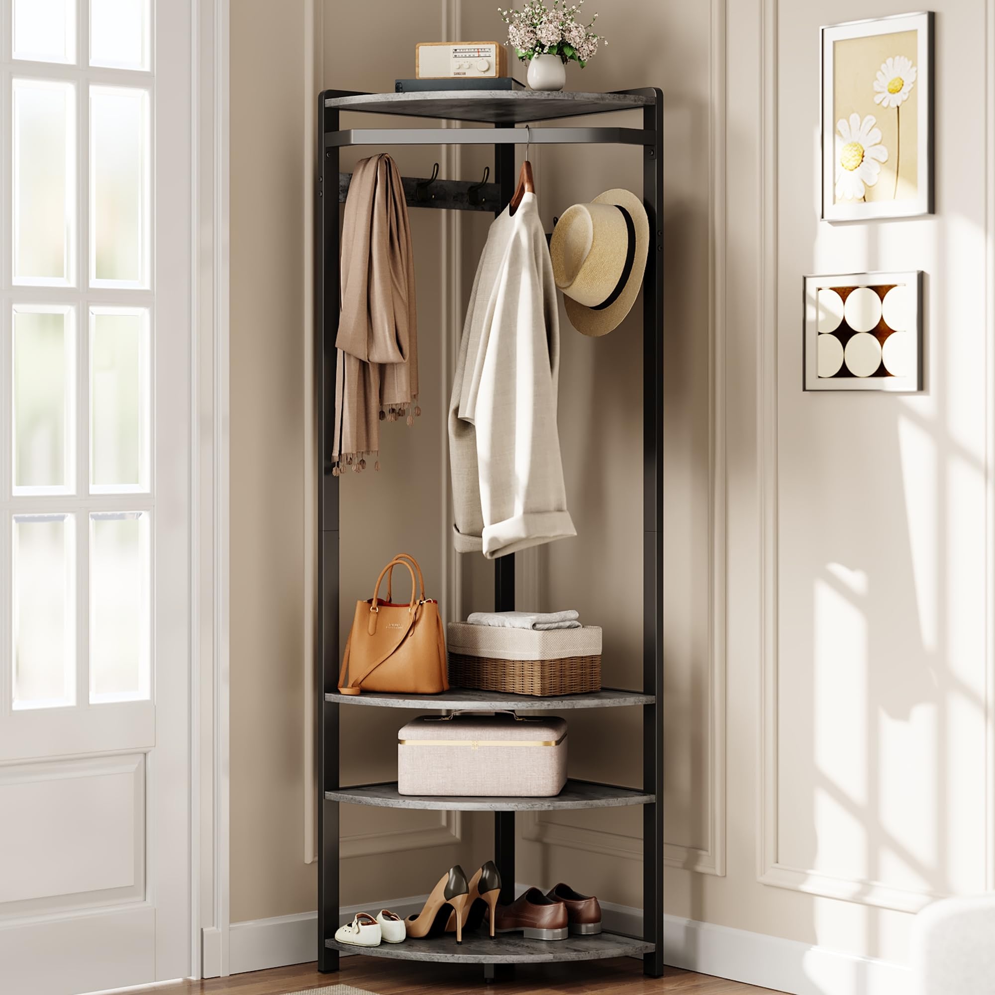 GarveeHome Corner Coat Rack with Shoe Bench Entryway, Corner Hall Tree with 6 Double Hooks, Corner Clothes Rack with Storage Corner Tree with