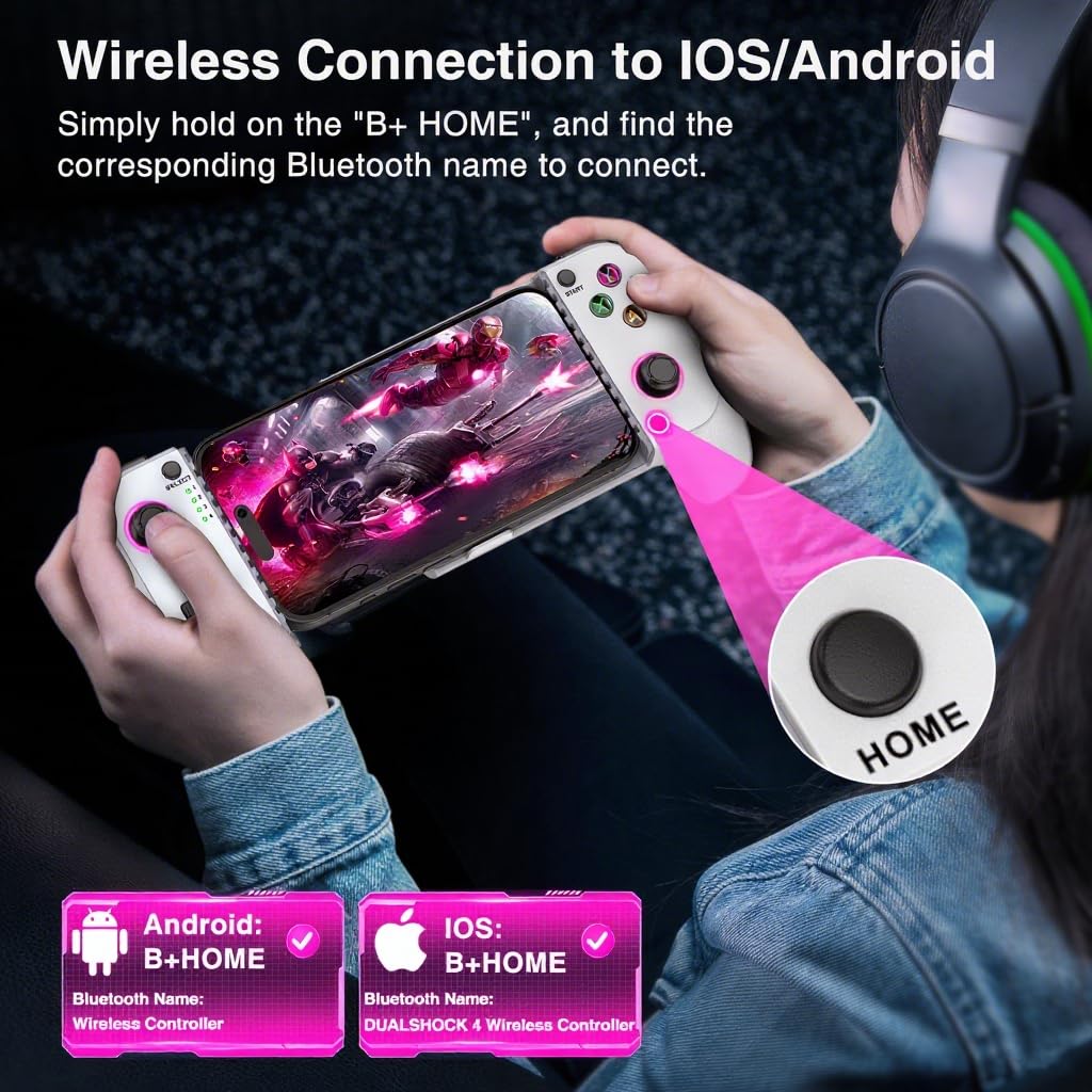 Controlador de teléfono para iPhone/Android – Controlador de juegos móvil con palanca de mando de efecto Hall, soporte de funda de teléfono, luz dinámica fría, función turbo, vibración dual