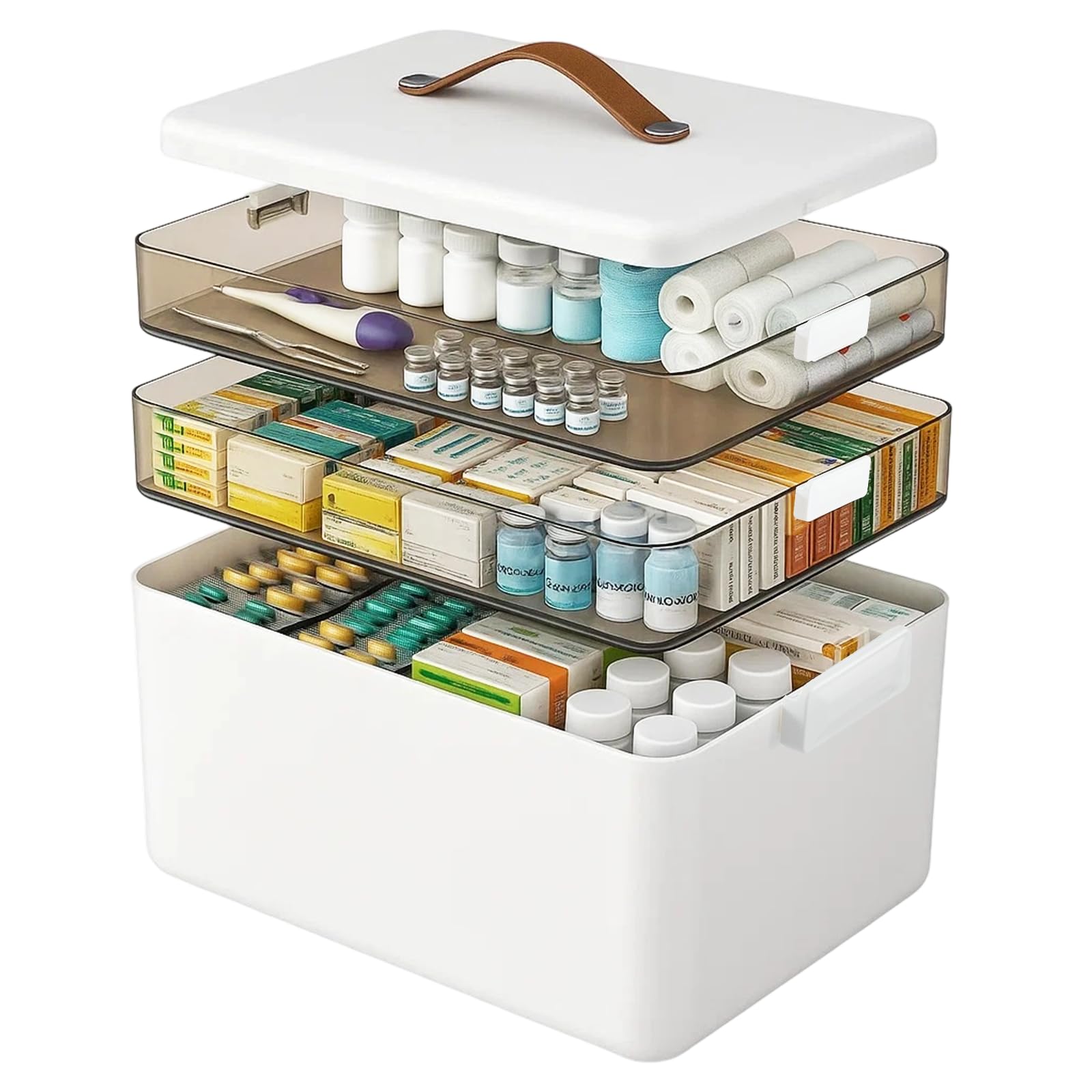 3 Ebenen Medikamentenbox Organizer 34x22x25cm, Weiß | Hausapotheke Medizinbox，Erste-Hilfe-Kasten mit Griff, tragbarer Aufbewahrungskoffer für Zuhause, Reisen, Camping