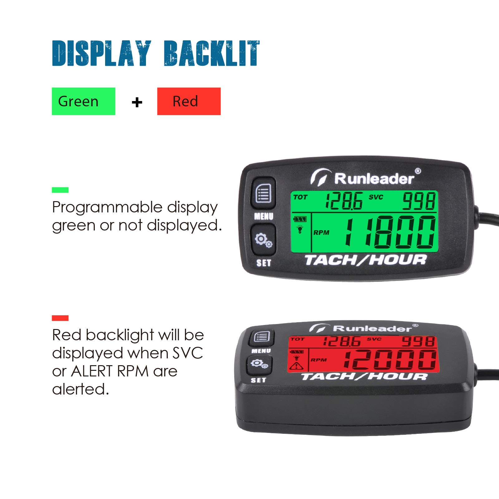 Runleader-Betriebsstundenzähler-Drehzahlmesser, Wartungserinnerung, Alarmdrehzahl, voreingestellte Anfangsstunden für ZTR-Mähergenerator-Marine-ATV und gasbetriebenes Gerät.(button-BK)