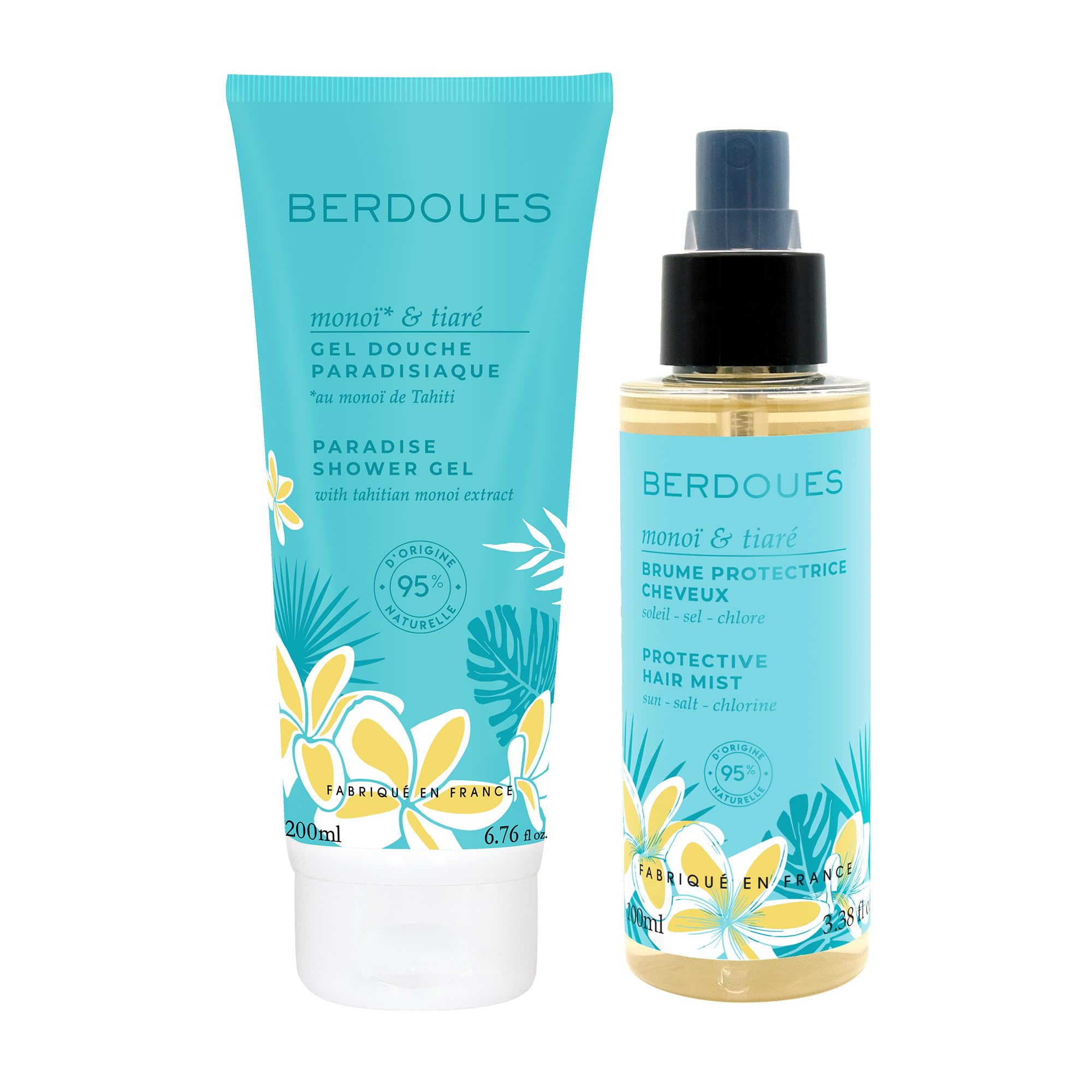 BERDOUES - Brume parfumée protectrice cheveux 100 ml + Gel douche 200 ml. Parfum Monoï Tiaré. Parfum femme, 95% d'origine naturelle. Vegan, Made in France.