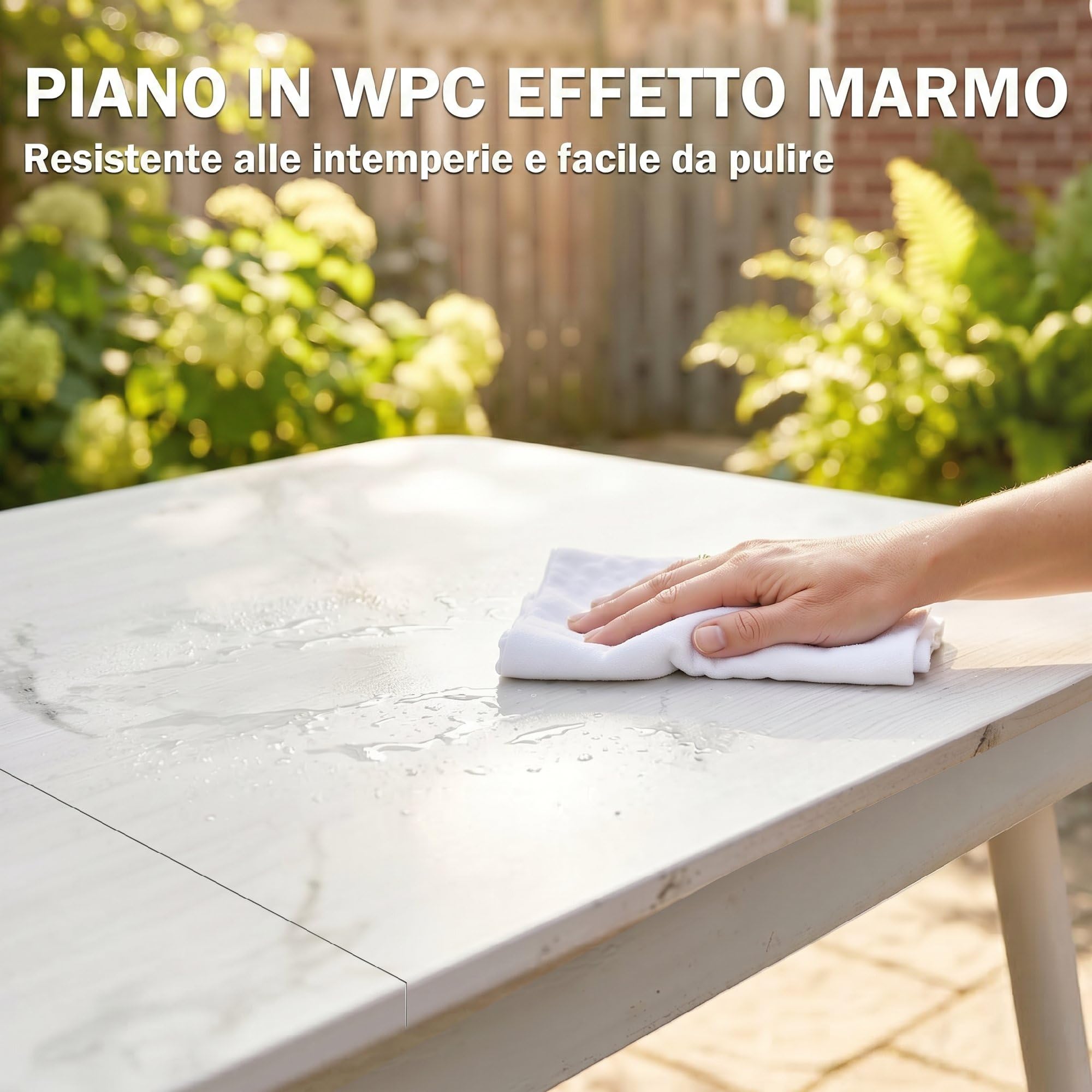 Outsunny Tavolo da Giardino per 6 Persone 140x80 cm Rettangolare Bianco | Tavolo da Pranzo Esterno, Piano in Composito Legno-Plastica Effetto Marmo, Struttura in Metallo, per Patio Terrazzo