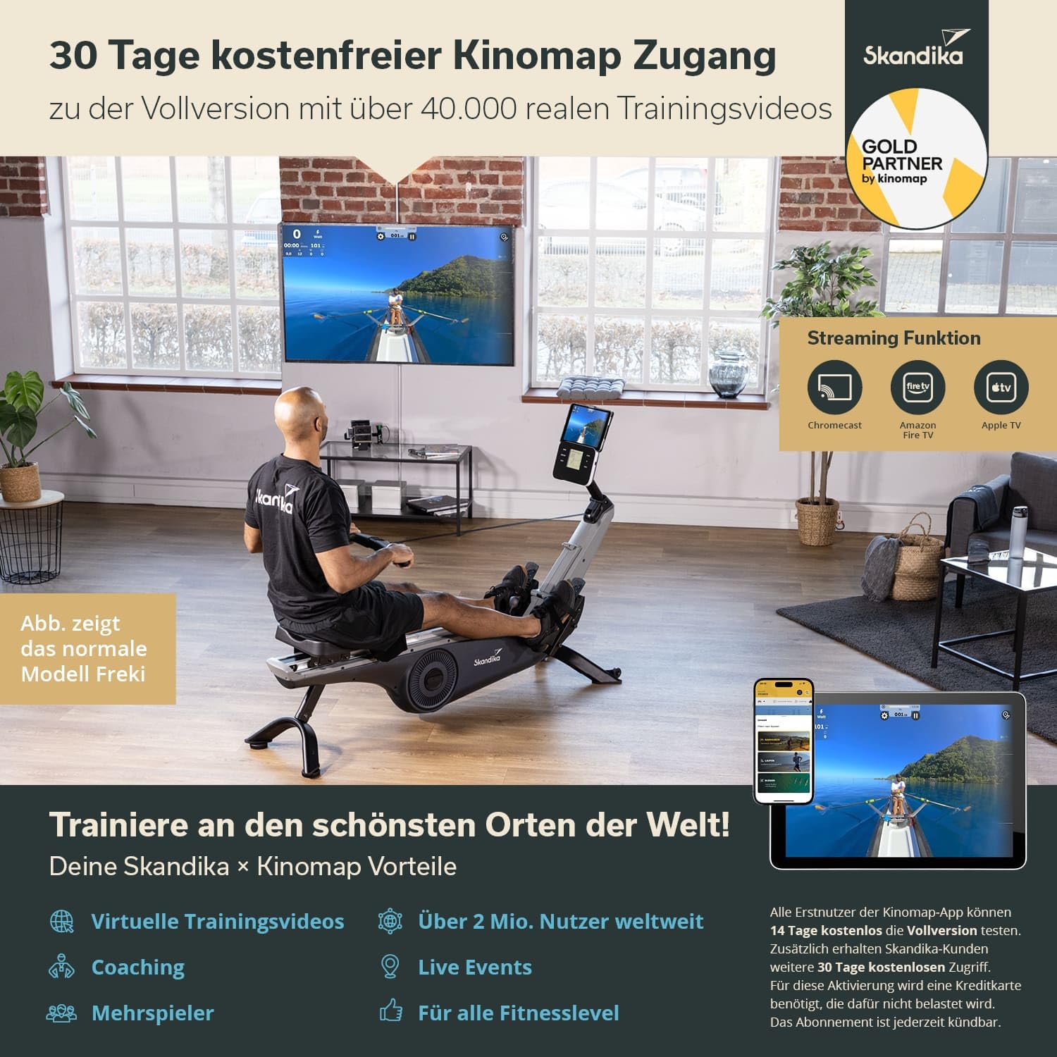 Skandika Rudergerät für Zuhause Freki, 24 Widerstandsstufen,19 Trainingsprogramme, 12kg Schwungmasse, Magnetwiderstand, Studio-Qualität, LCD-Display, Kinomap, aufstellbar, wartungsarm Bis 135kg