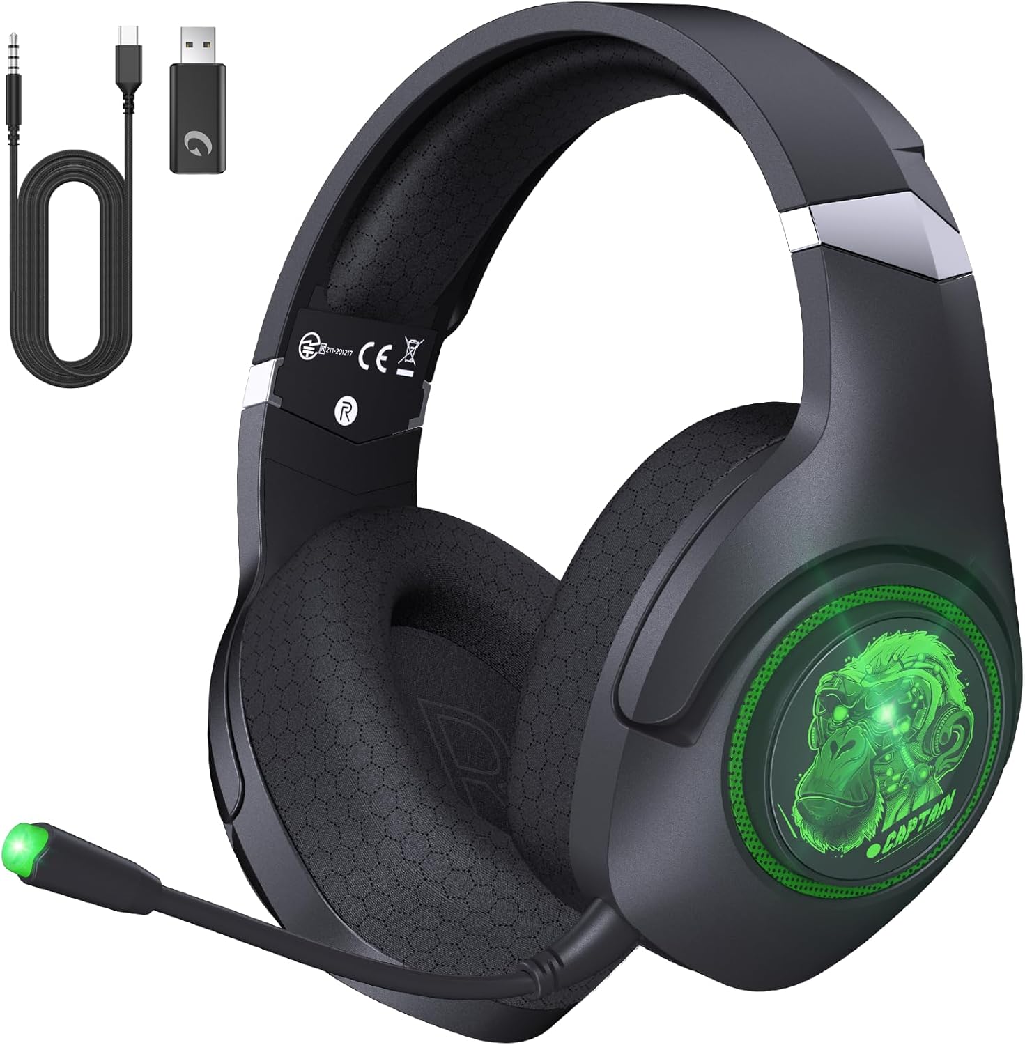 Gaming Headset Wireless, 2.4GHz Gaming Headphones Wireless with Noise Canceling Microphone for PS5, PS4, Fortnite & FPS Gamers, 40-Hr Battery Gamer Headphones for PC, Green Chimpanzees Gaming Headset Wireless, 2.4GHz Gaming Headphones Wireless with Noise Canceling Microphone for PS5, PS4, Fortnite & FPS Gamers, 40-Hr Battery Gamer Headphones for PC, Green Chimpanzees