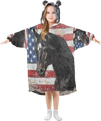 Flag Horse Wearable Blanket Hoodie Oversized Hooded Blanket Sweatshirt for Gift Girls Boys