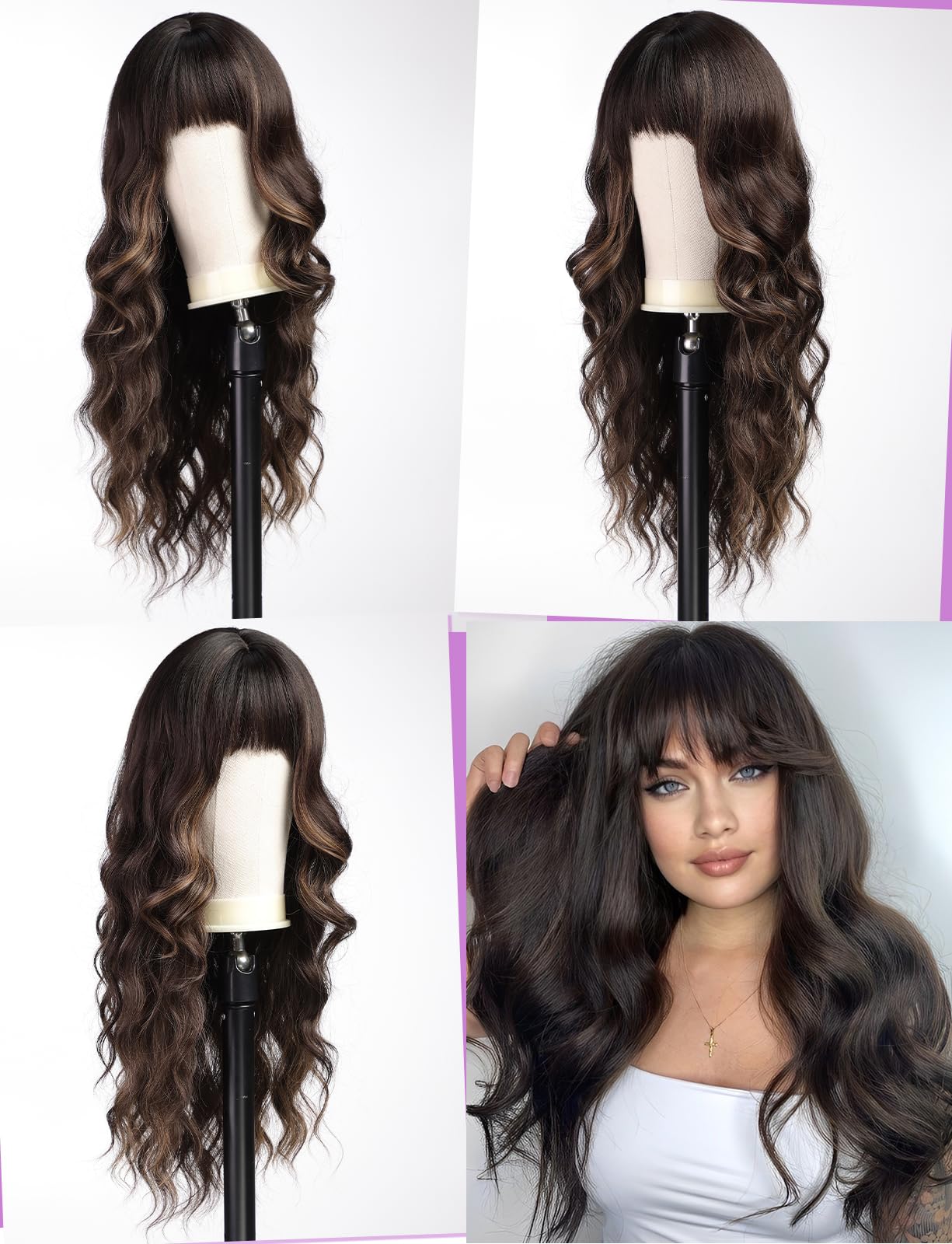 WOKESTAR Long Wavy Brown with Highlights Wigs for Women Heat Resistant Natural Hair with Fringe, average size - Image 3