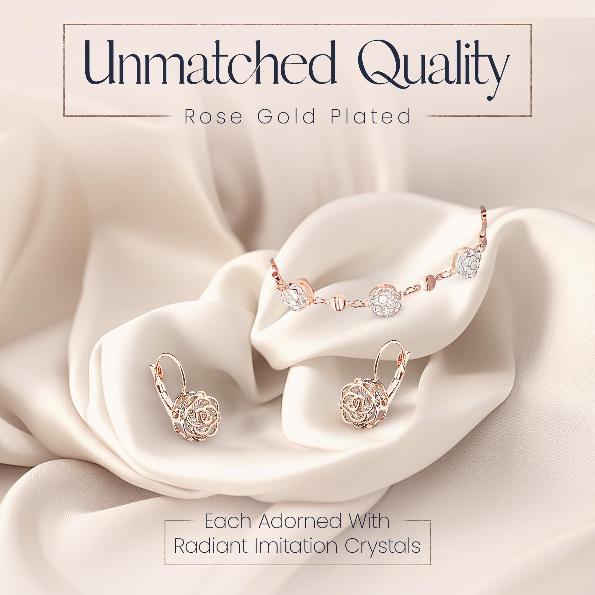 Crystalline Azuria Femme Ensemble des Roses Collier et Pendants Levier Dos Boucles d'Oreilles Bracelet 18ct Plaqué Or Rosé Blanc avec Cristaux Blancs