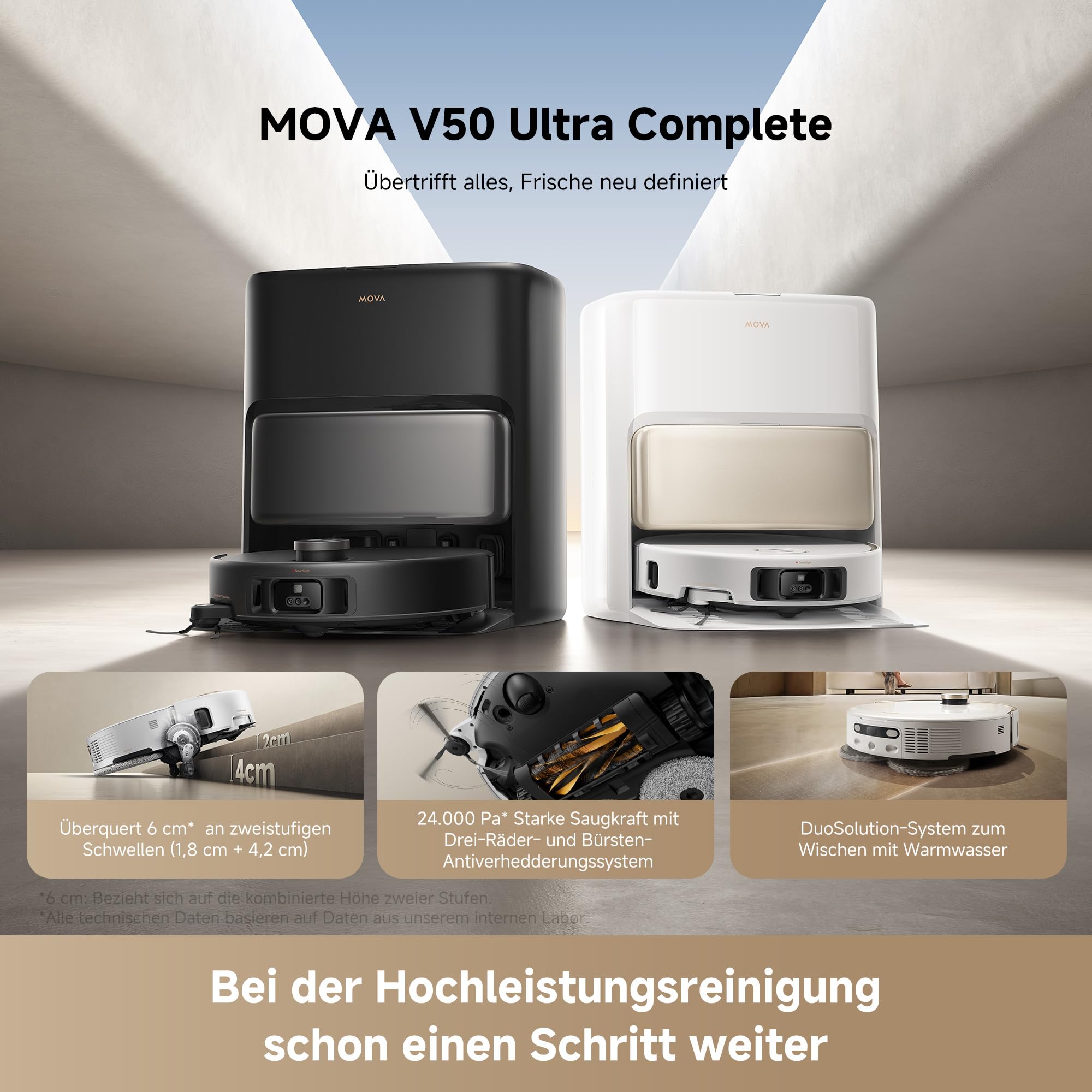 Mova V50 Ultra Complete Robot Vacuum Cleaner with Wiping Function 24,000 Pa, 6 cm Obstacle Overcoming, Liftable Navigation + RGB AI + LED, 80°C Hot Water Wash & 63°C Self-Drying, DuoSolution System, Tricut Brush Product Image 2
