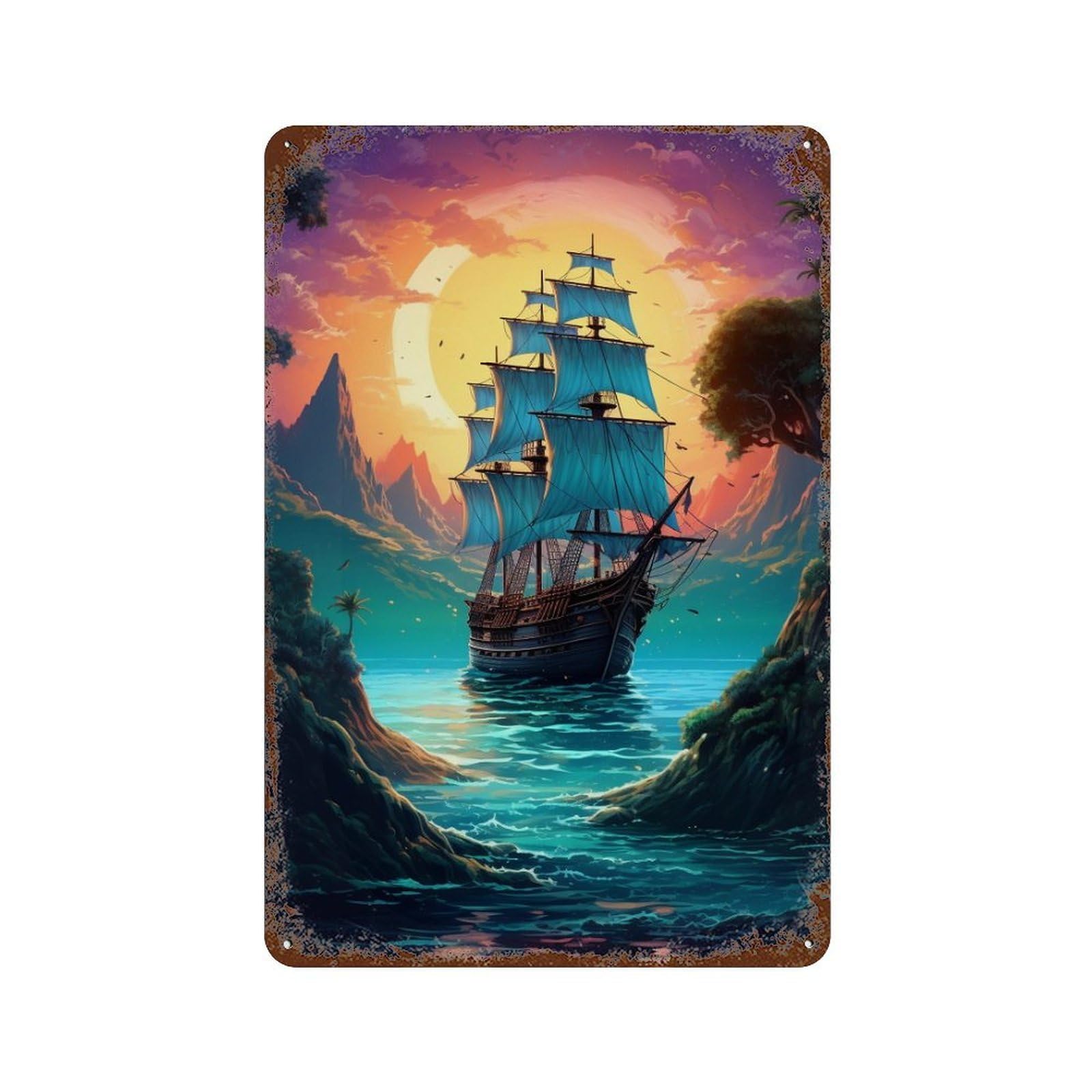 Vintage Rust Metal Sign Pirate Ship Sunset Island 11.8"x7.9", Old School Wall Decor for Office, Studio And Wall Decor