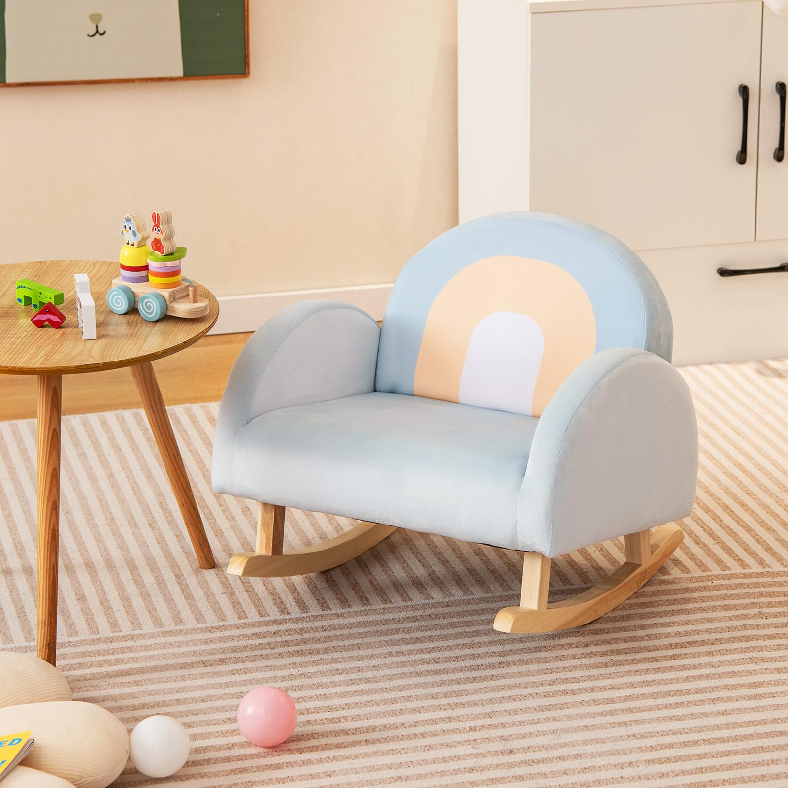 GYMAX Divano a Dondolo per Bambini 3-5 Anni, Gamba in Legno Massello, Poltrona Imbottita, Carini per Cameretta, Asilo Nido e Sala Giochi, Blu