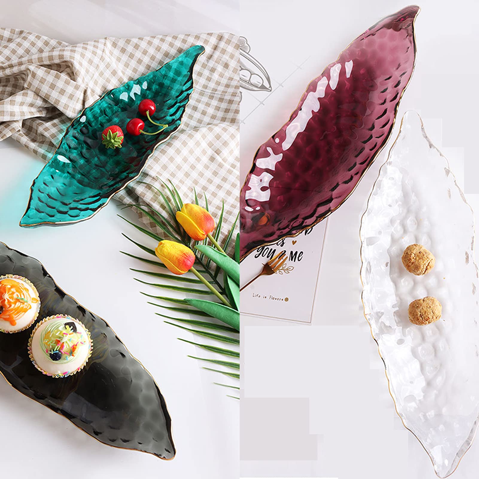 YJZA Glass Plate Set, Irregular Fruit Sushi Dessert Trays, Pea Shape Food Plates for Living Room Specialities & Novelty Cake Tableware