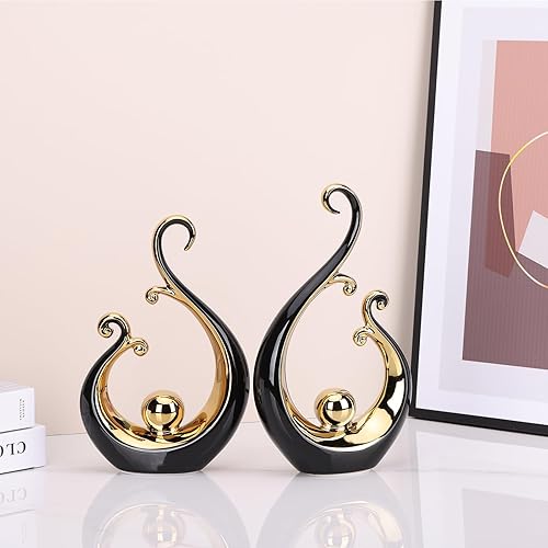 Miniatura 4 de Estatua de cerámica brillante de decoración negra y dorada, centro de mesa de lujo de arte abstracto moderno, estantes de oro negro y decoración de