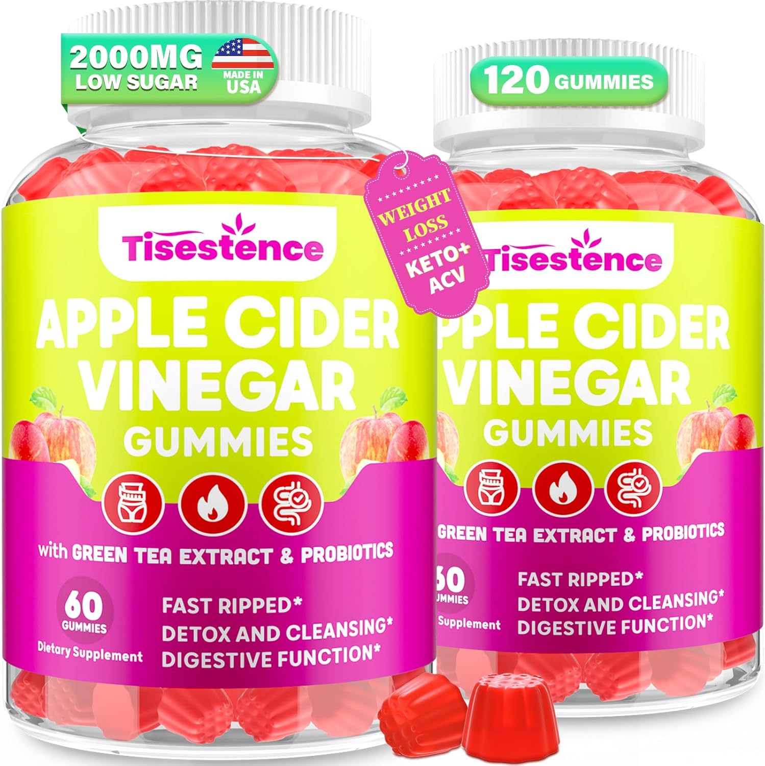 Apple Cider Vinegar Gummies, Keto ACV Gummies for Women and Men, Apple Cider Vinegar Supplement with Green Tea, B12, Probiotic for Detox Cleanse, Metabolism & Digestive Health, Vegan – 2 Months Supply