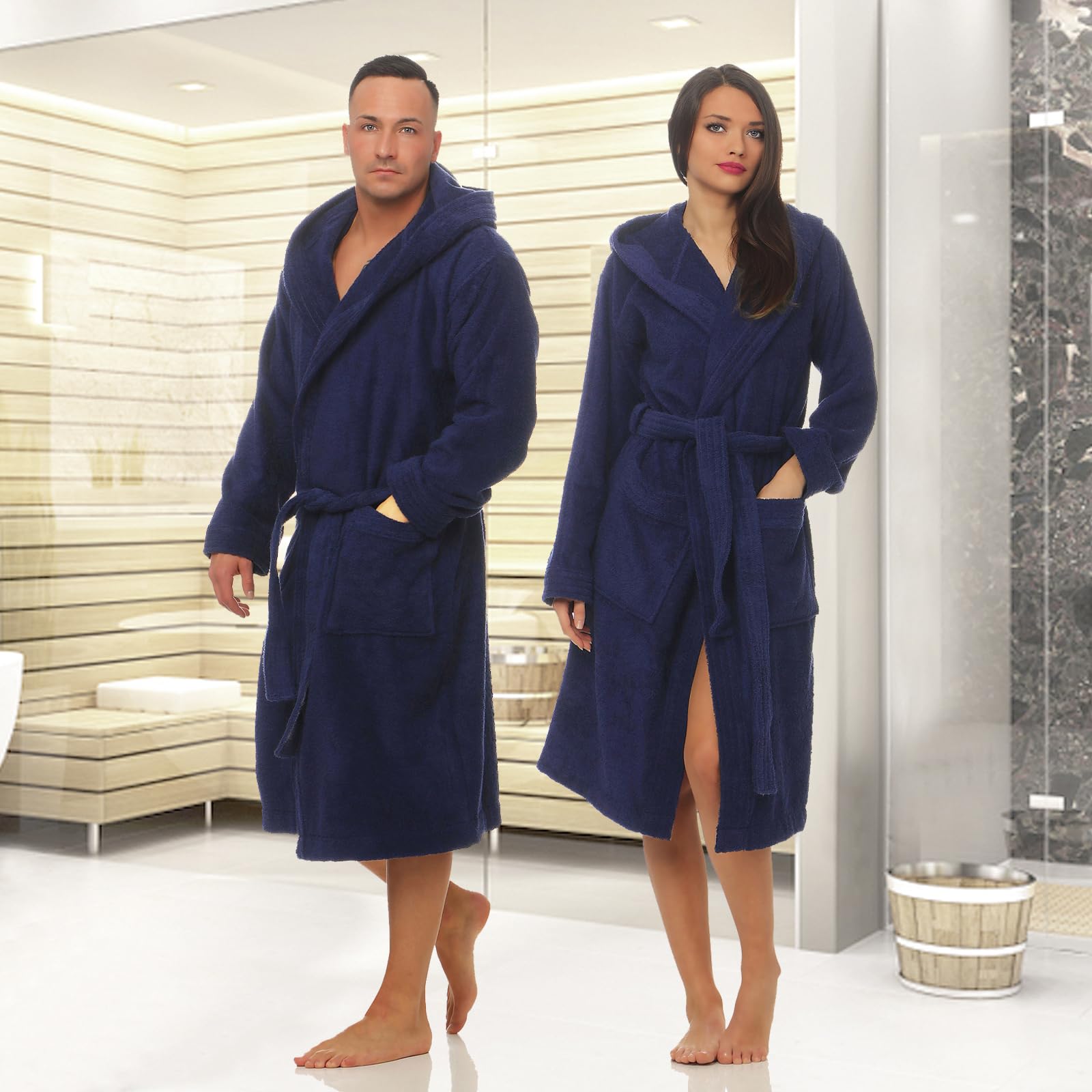 Class Home Collection Bademantel Damen & Herren mit Kapuze – 100% Baumwolle Frottee, weich & saugfähig – OEKO-TEX zertifiziert