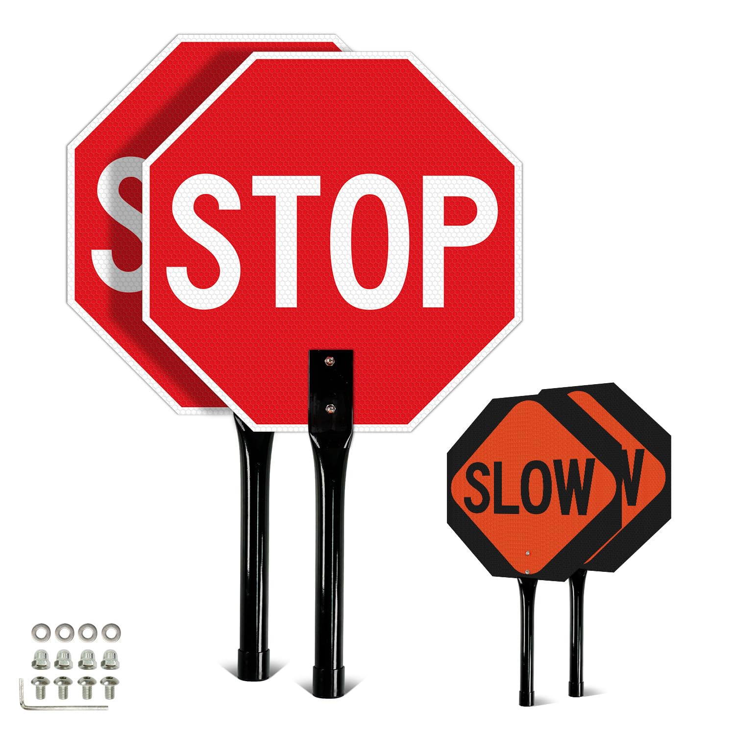T&R (2 Pack) Stop Slow Sign with Handle, 13 x 13 Inches Double Sided Stop/Slow Traffic Sign, Rust Free Aluminum Reflective, Weather Resistant,