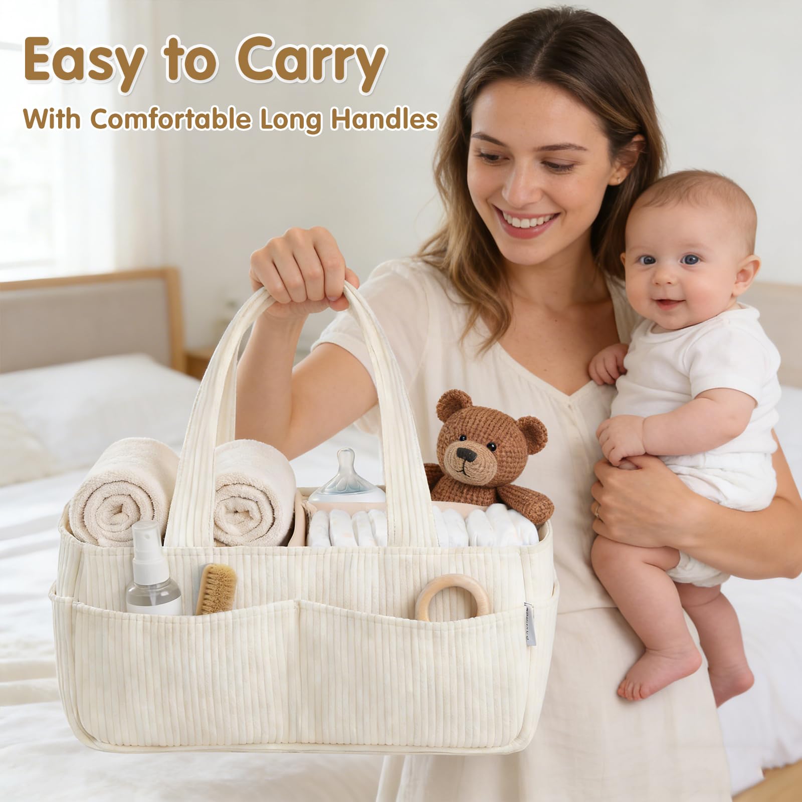 Panier de Rangement Bébé, Organiseur de Couches pour Table à Langer Bebe, Panier Portable de Rangement pour Couches et Lingettes pour Bébé, Cadeau pour Fête Prénatale et Naissance (Beige)