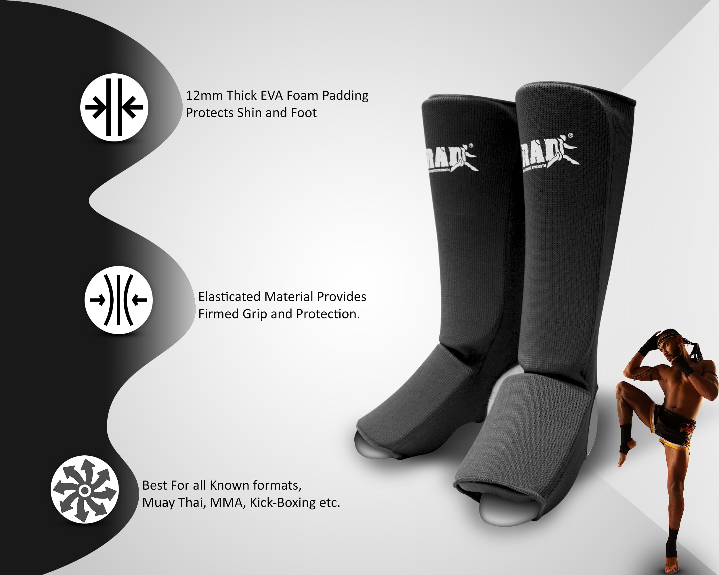 RAD Shin Guards MMA, Karate, TKW. Elastic Cloth Shin & Instep Padded Guards Protective Kickboxing (Pair)