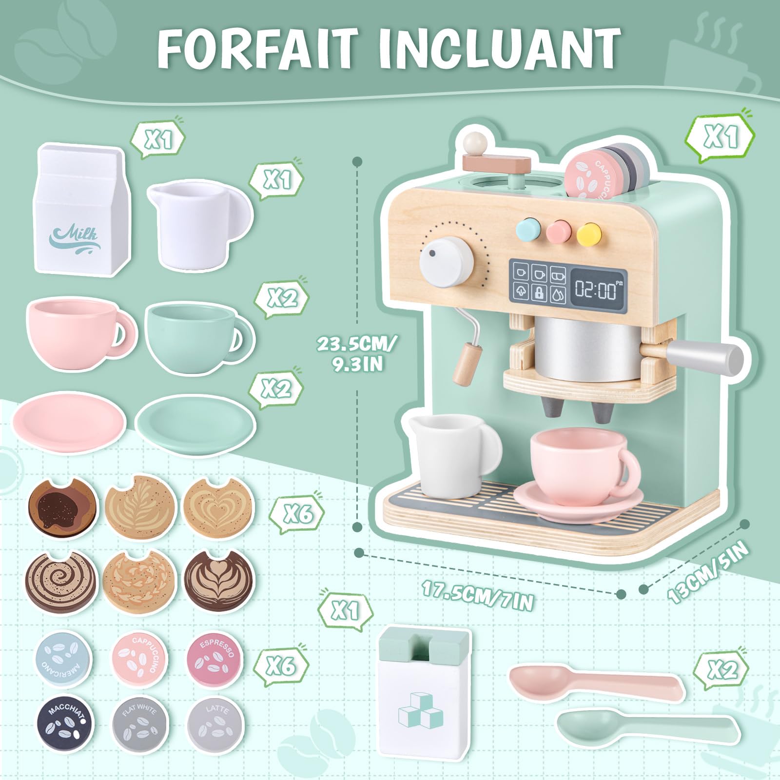 YOOHBERRYS Cafetière en Bois, 22 Pièces Machine à Café en Bois pour Enfants, Jouets de Jeu de Rôle Barista avec Moulin, Accessoire Jeux de Cuisine Service à Café Enfant 3+ Ans