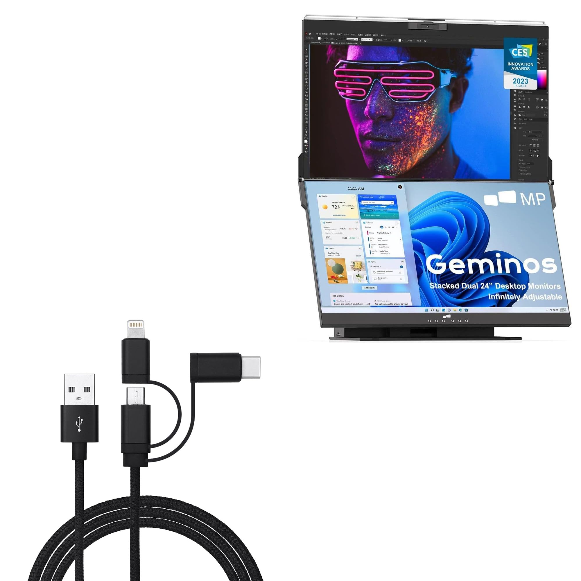 BoxWave Cable Compatible with Mobile Pixels Geminos - AllCharge 3-in-1 Cable - Jet Black