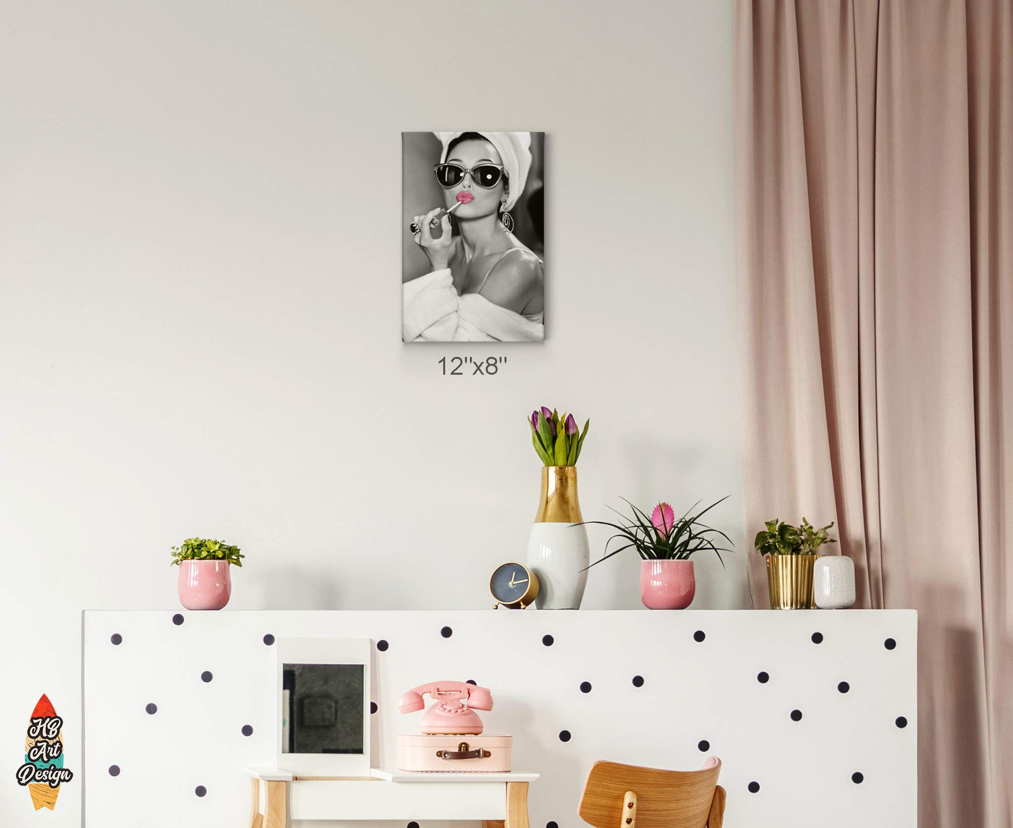 HB Art Design Stampa artistica da parete in stile Audrey Hepburn, motivo labbra rosa, rossetto, iconico, pop art, glam alla moda, in bianco e nero, decorazione da parete per camera da letto, regalo