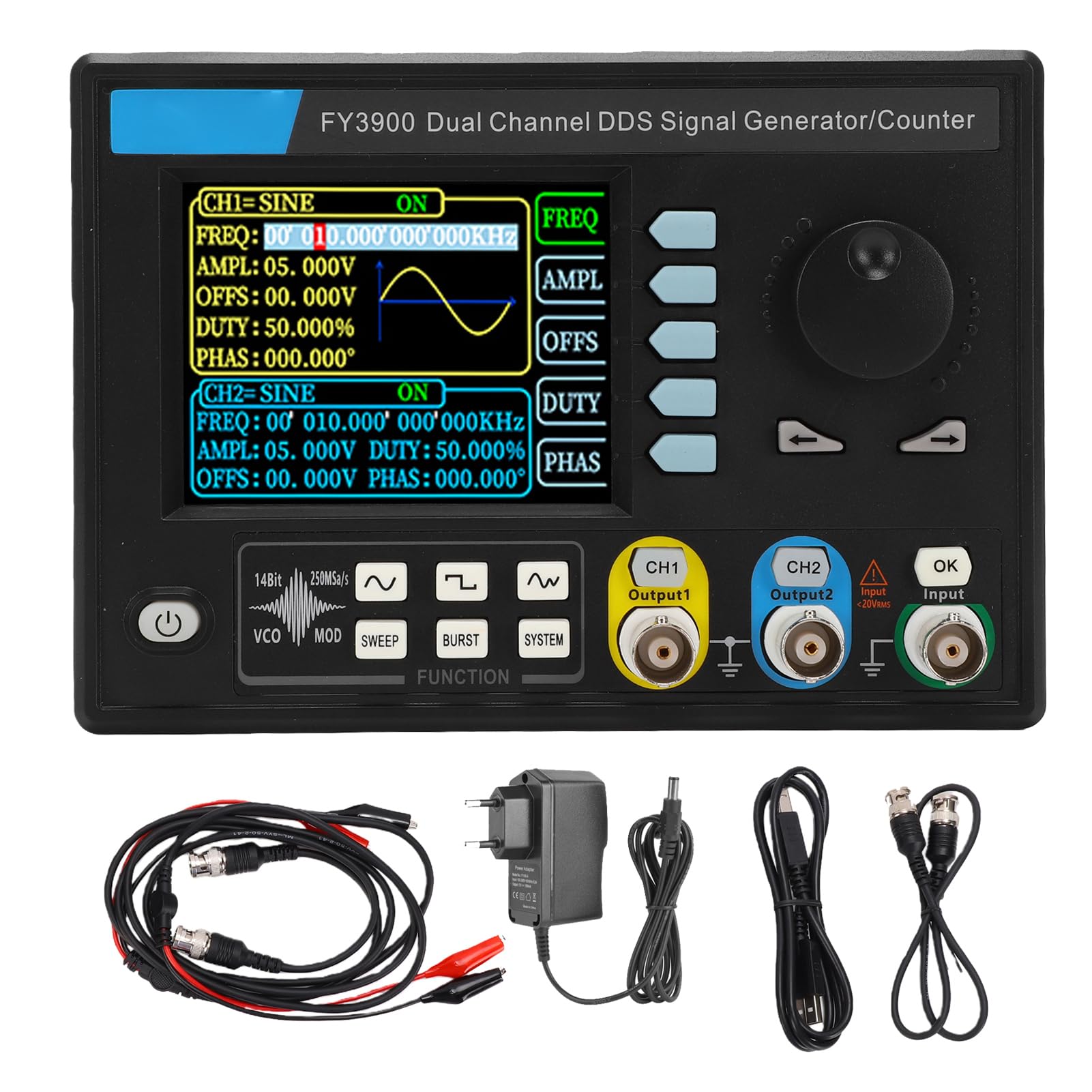 Generic Generador de Señal de Doble Canal FY3900 Generador de Funciones de Alta Precisión para Uso en Laboratorio y Campo Diseño Compacto y Liviano 30MHz (Enchufe de la UE)