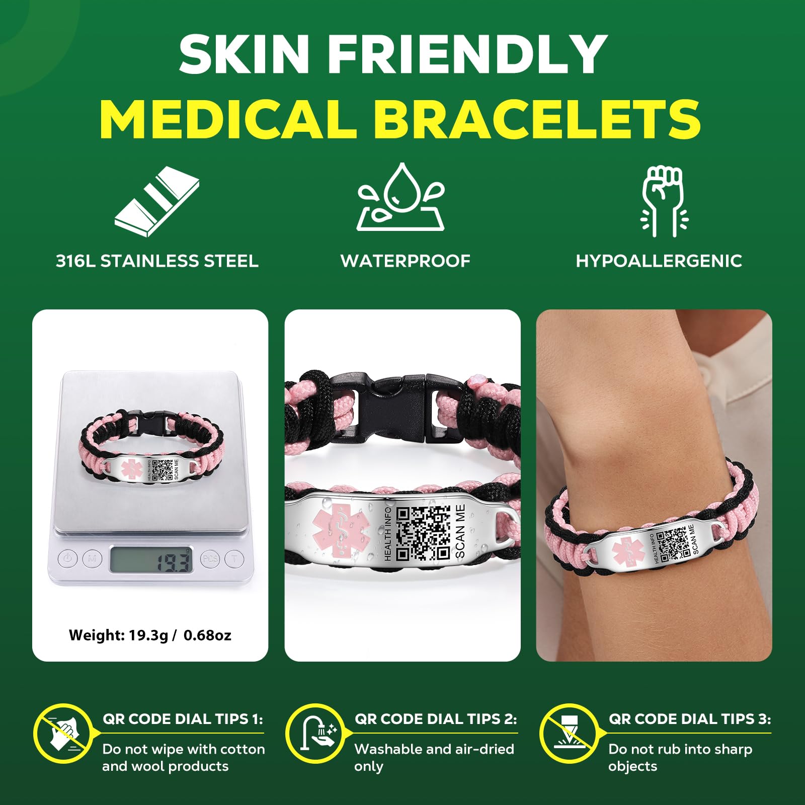 Collar de alerta médica para hombres y mujeres, collar médico | Pulsera de nailon impermeable para muñecas de hasta 7 pulgadas. Ahorra más espacio y actualiza la información de alerta de