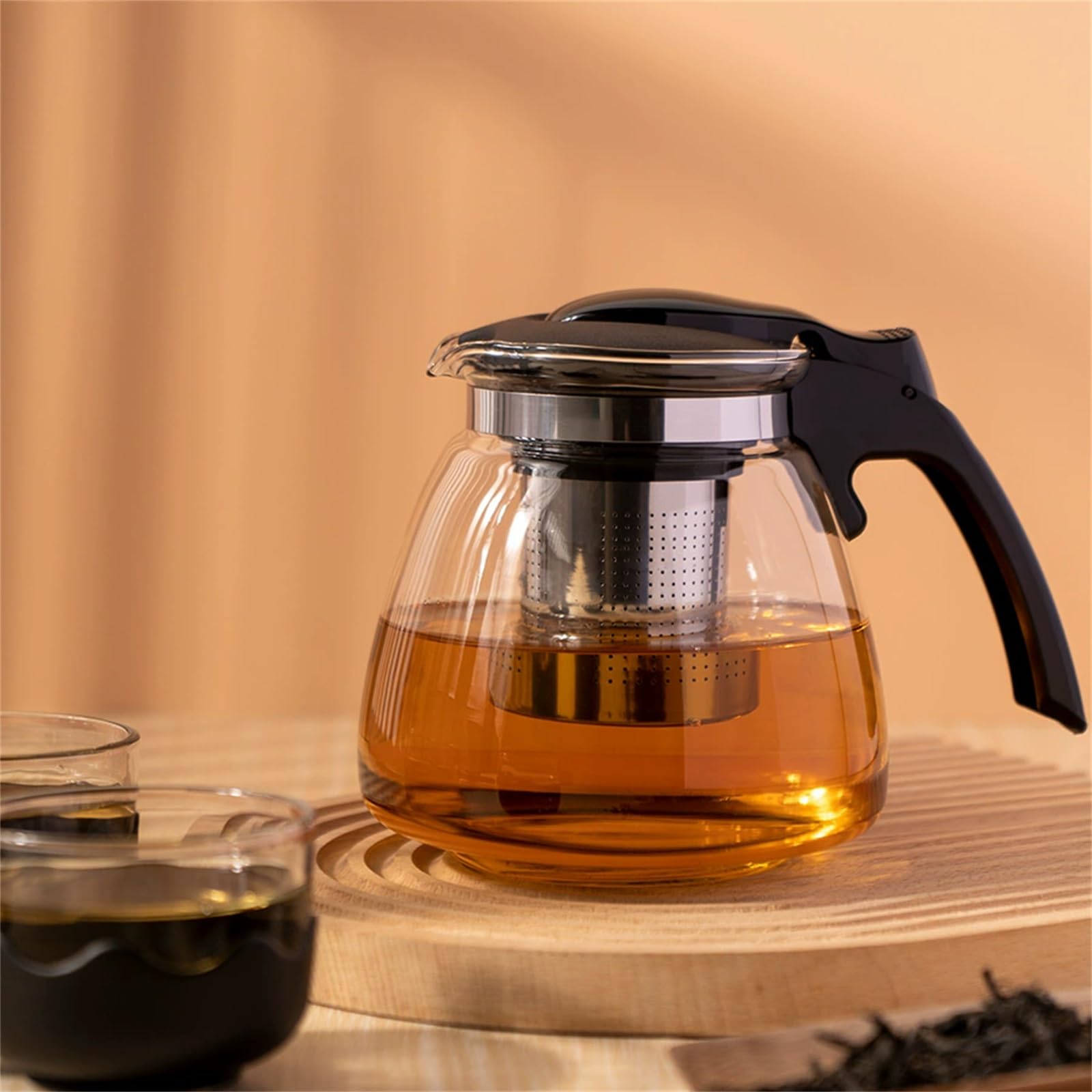 Tetera de Cristal Tetera de vidrio de 1100 ml con tapa de un toque, colador de acero inoxidable, separador de agua de té, juego de tetera individual