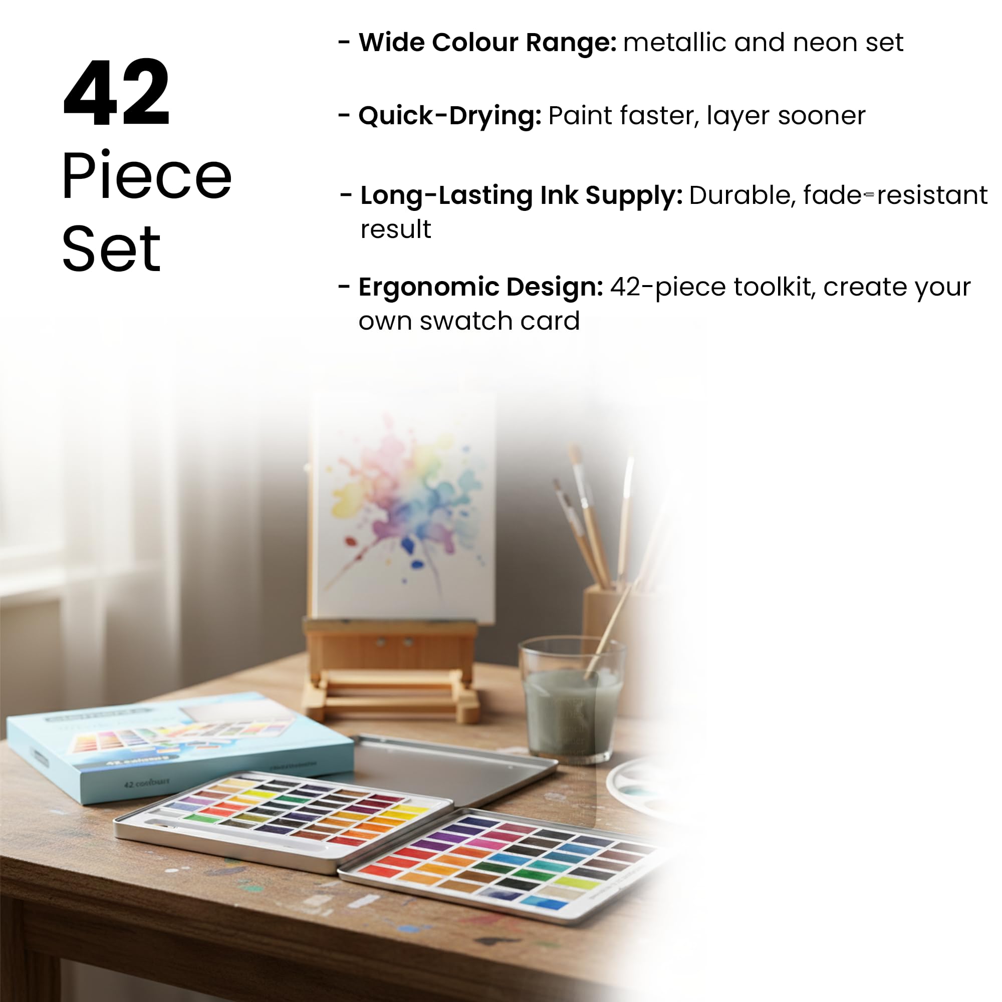 Elements Aquarellfarben-Set – 42 Premium-Aquarellfarben ganze Pfannen – handgegossene cremige Farbpfannen perfekt für Künstler, Anfänger, Studenten oder Hobbyisten mit 1 vielseitigem Wasserpinsel