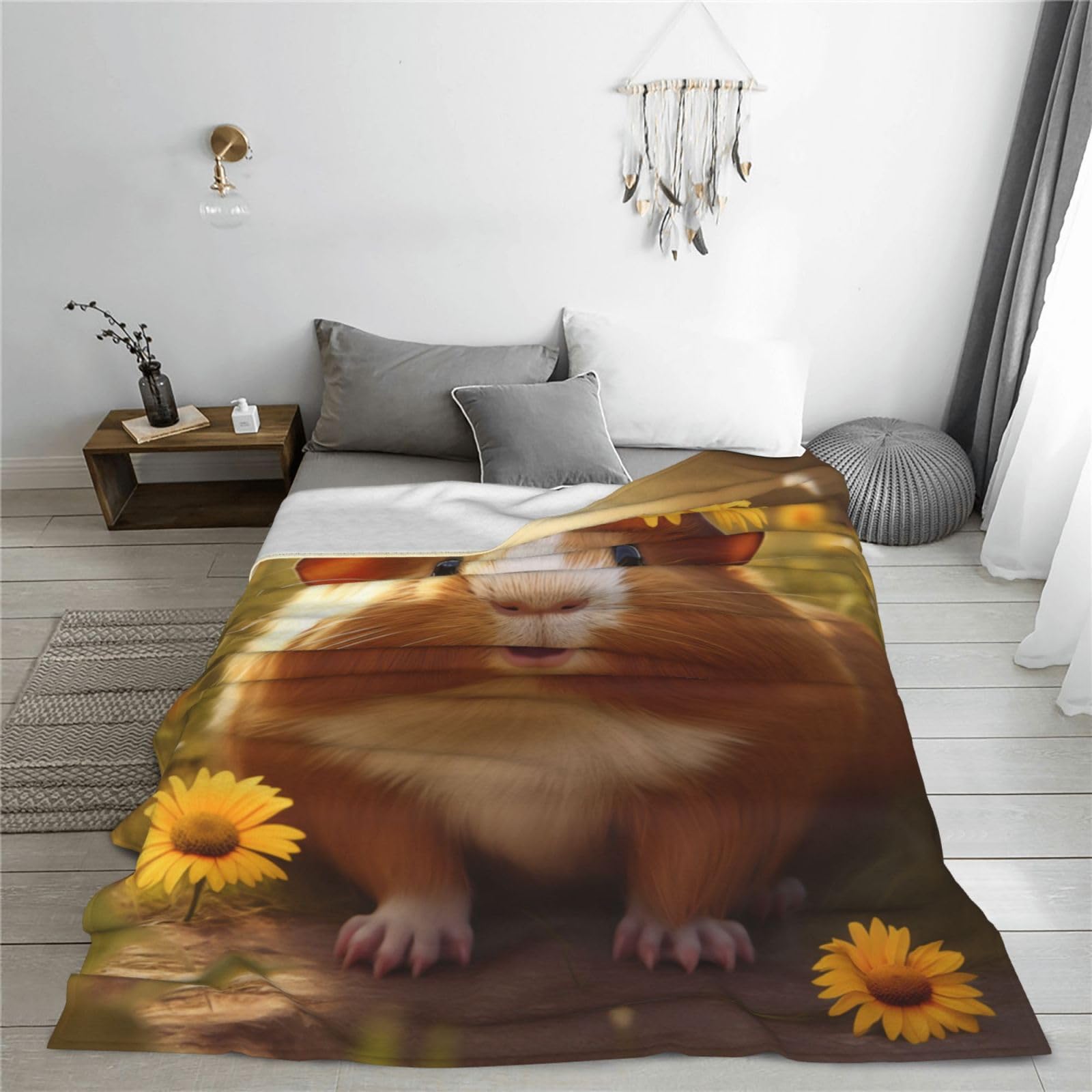 Niedliche Sonnenblumen-Decke mit Meerschweinchen-Motiv, Geschenke für Kinder, lustiger Haustier-Meerschweinchen-Druck, Überwurfdecke, weiche Flanell-Plüsch-Steppdecke für Bettwäsche, Sofa