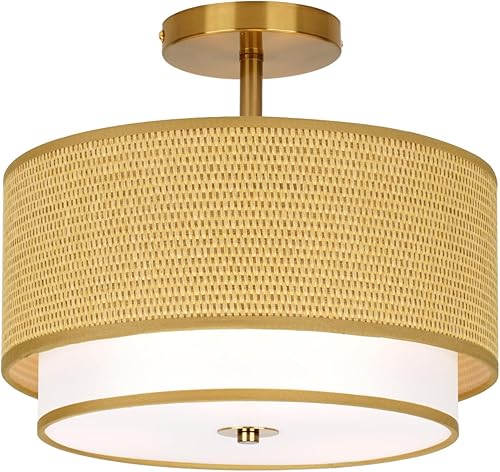 Miniatura 8 de Lámpara de techo estilo ratán tejida estilo bohemio, lámpara de techo cerrada de 12.6 pulgadas con diseño de tambor de 2 niveles para dormitorios,