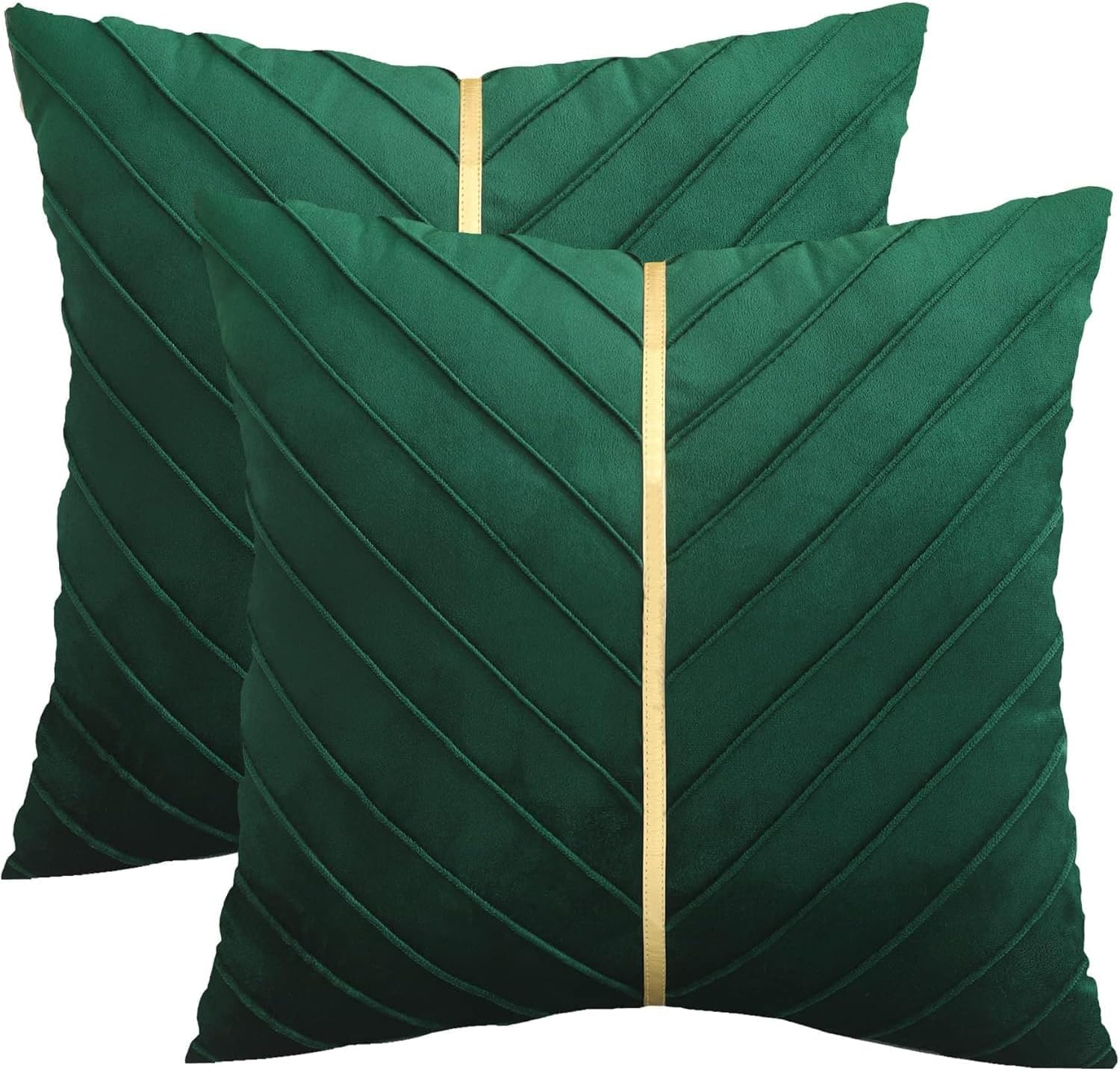 Tosleo Christmas Green Velvet Throw Pillow Covers 18x18 inch Pack of 2 with Gold Leather Home Decorative Cushion Cases Luxury Modern Pillow Covers Spring Home Decor for Sofa Bed Living Room