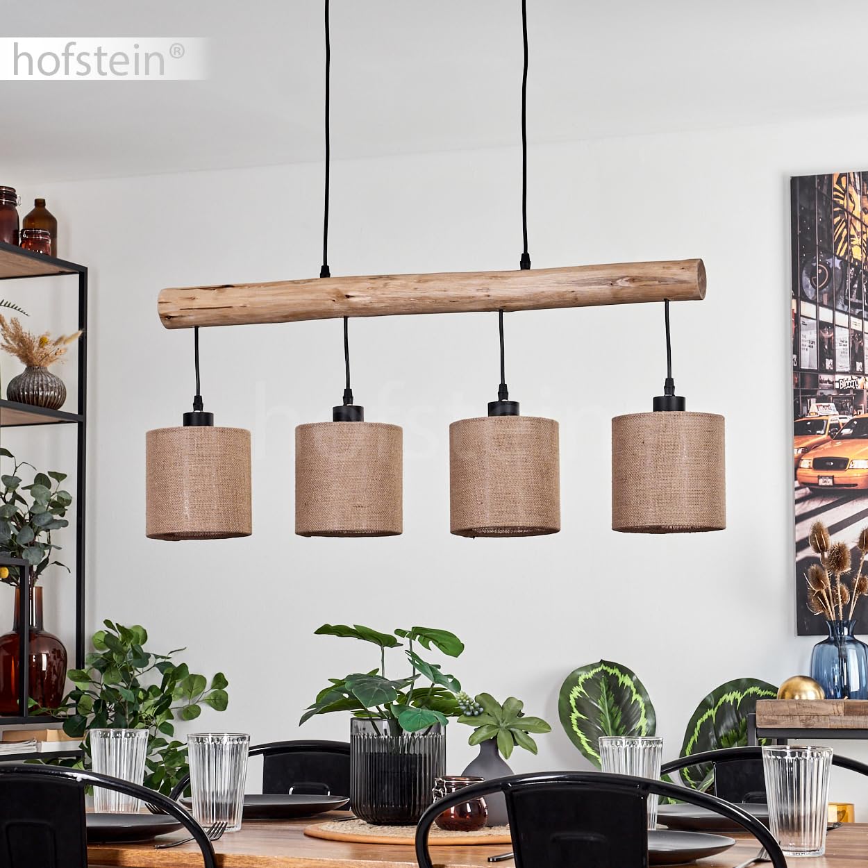 HOFSTEIN Pendelleuchte Soungou, moderne Hängelampe aus Holz/Metall/Leinen in Natur/Schwarz/Beige, 4-flammige Hängeleuchte im skandinavischen Design, Höhe max. 135 cm, 4 x E27, Esszimmer, Wohnzimmer