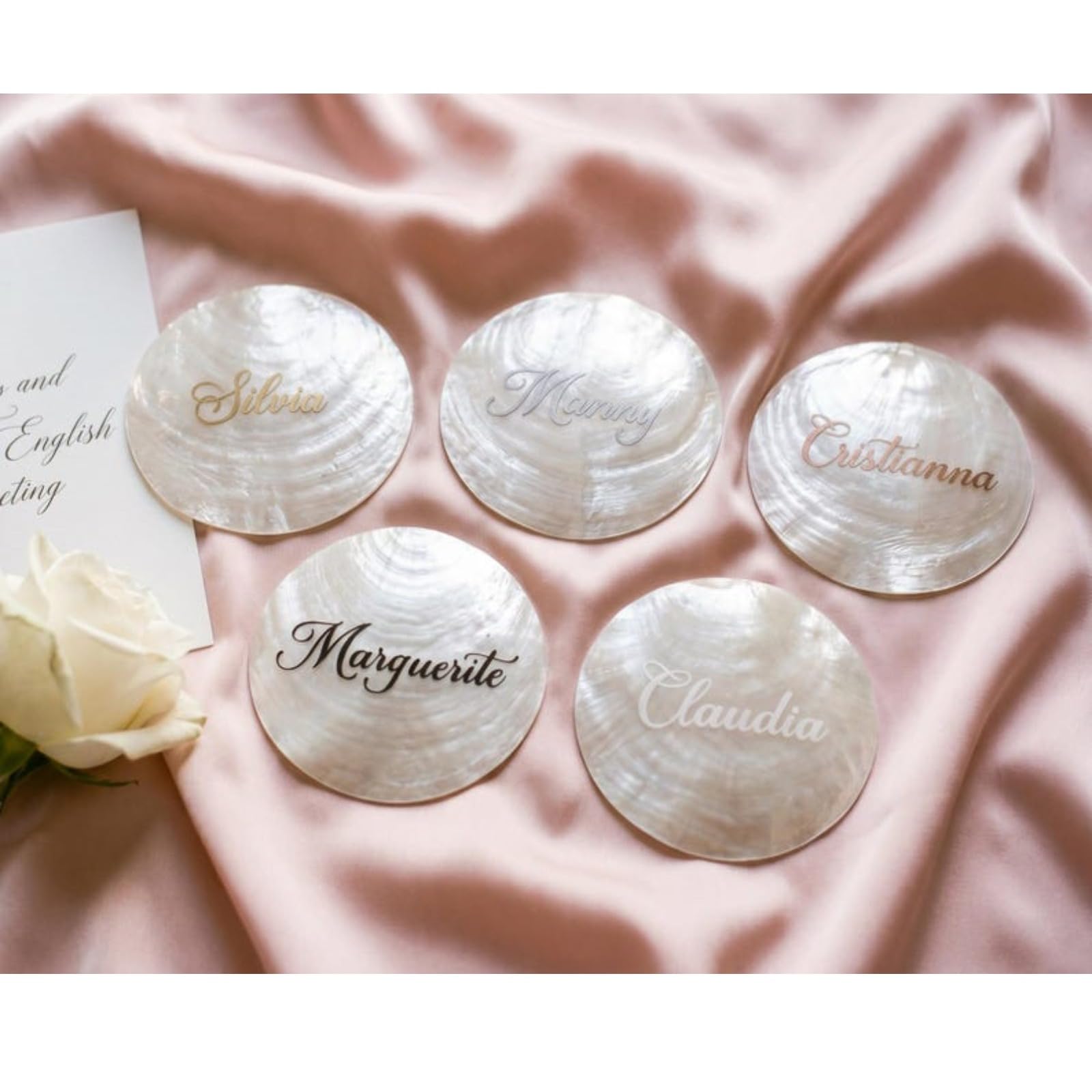 Personalisierte Tischkarten mit Muschel-Namen, Strandhochzeit, Tischkarten für Tischdekoration, Hochzeitsgeschenke, Küstenhochzeitsdekoration, Andenken (50 Stück)