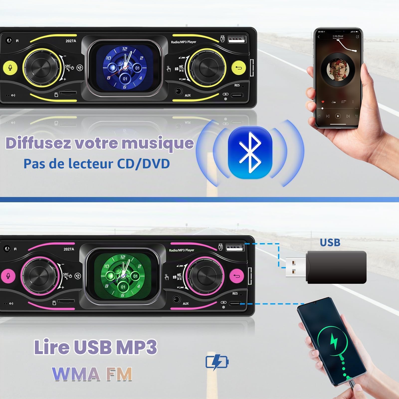 Autoradio 1 DIN Bluetooth FM USB SD AUX Écran Tactile