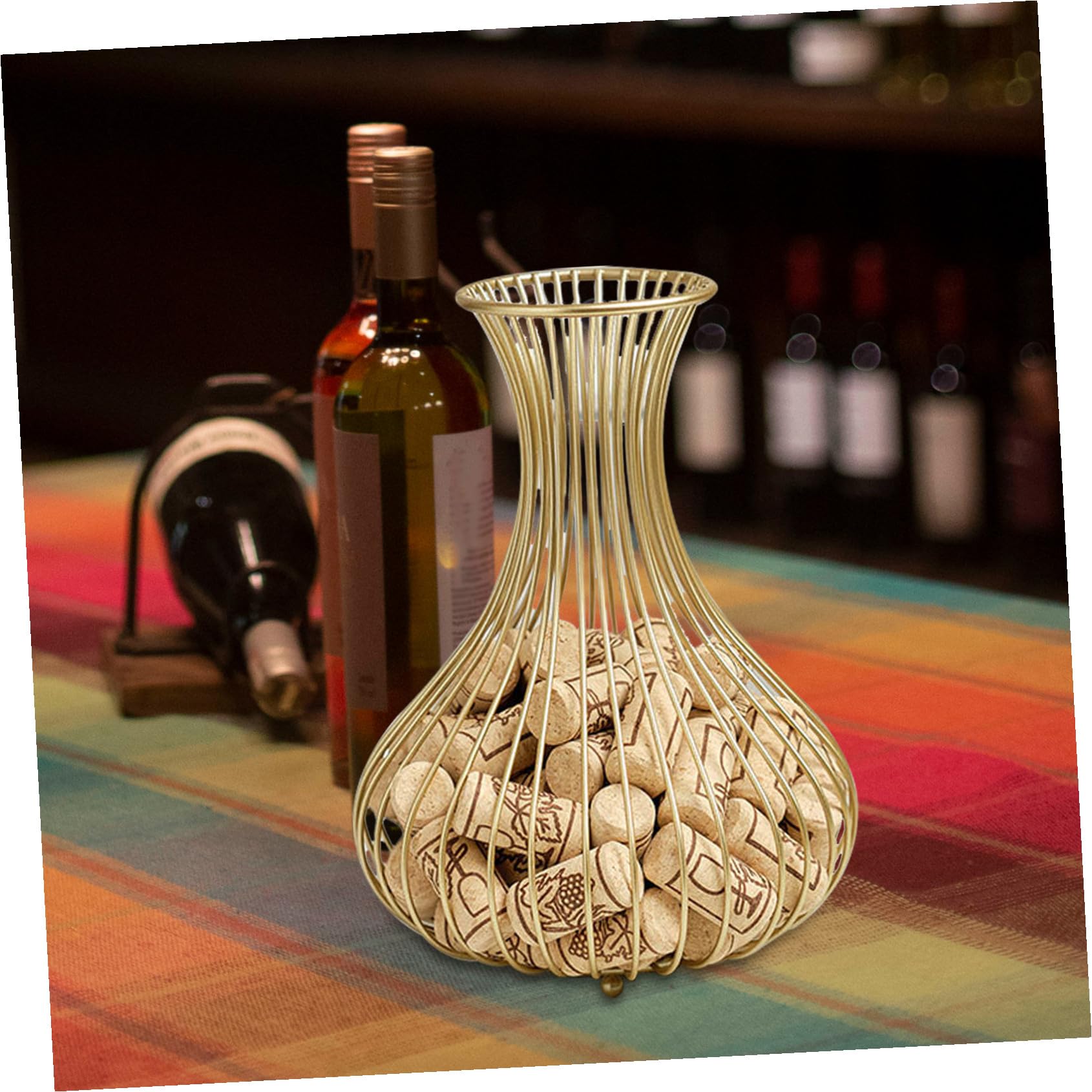 SOLUSTRE Cesto Porta Tappi di Sughero per Vino in Metallo Dorato, Contenitore Portaoggetti Cavo per Bottiglie, Decorazione Funzionale per Bar e Cucina