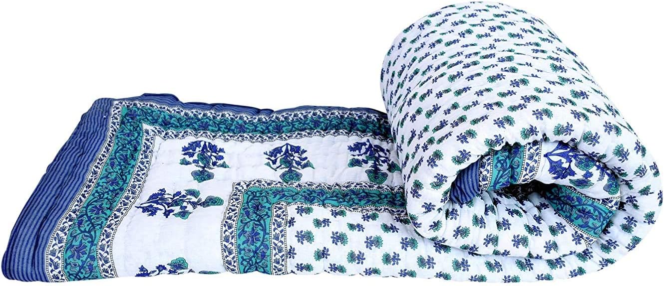 Craft Jaipur Rajasthani Traditional Light Weight Pure Cotton Buti Print Double Bed Stitch Including Soft Jaipuri AC All Seasons Comfort Quilt/Razai (Multicolour, 85 X 105 inch)