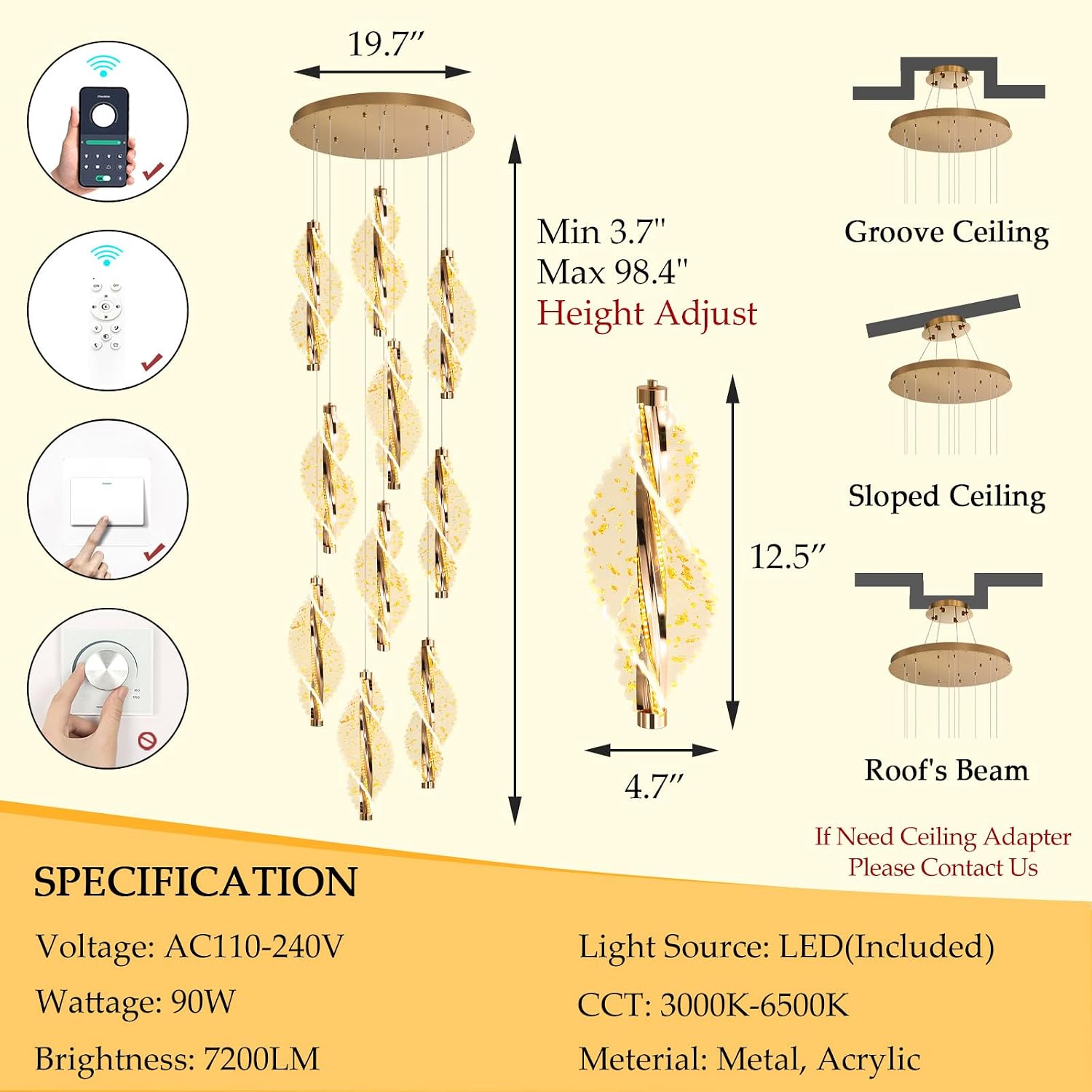 10 Lights Glam Chandelier High Ceiling Chandelier LED Dimmable Acrylic Hanging Lamp for Staircase Foyer Entrance Living Room