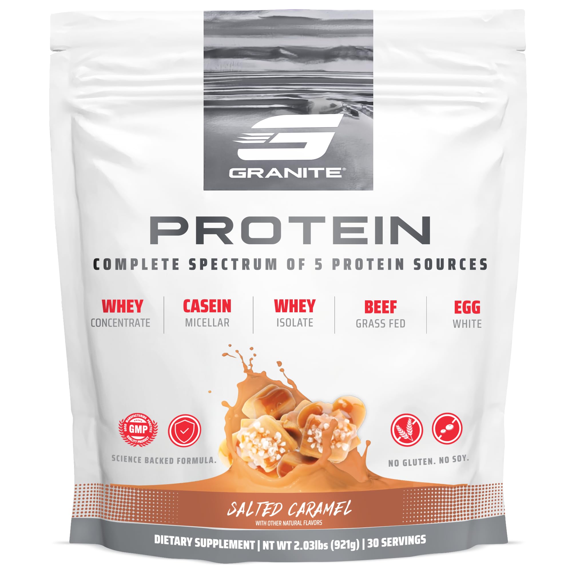 Granite Nutrition Protein Powder - Premium 5-Source Blend (Whey, Casein, Egg, Grass-Fed Beef) for Lean Muscle and Recovery - Salted Caramel Flavor, 30 Servings