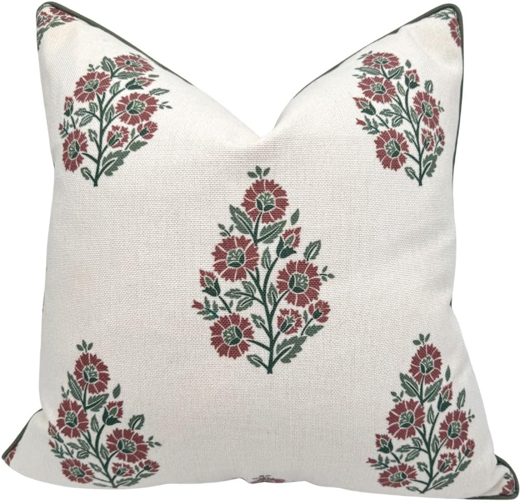 “The Sutton” Burgundy & Deep Green Floral Block Print Pillow Cover – Off-White Decorative Festive Throw Pillow Cover – Grandmillennial Home Decor, 20" x 20"
