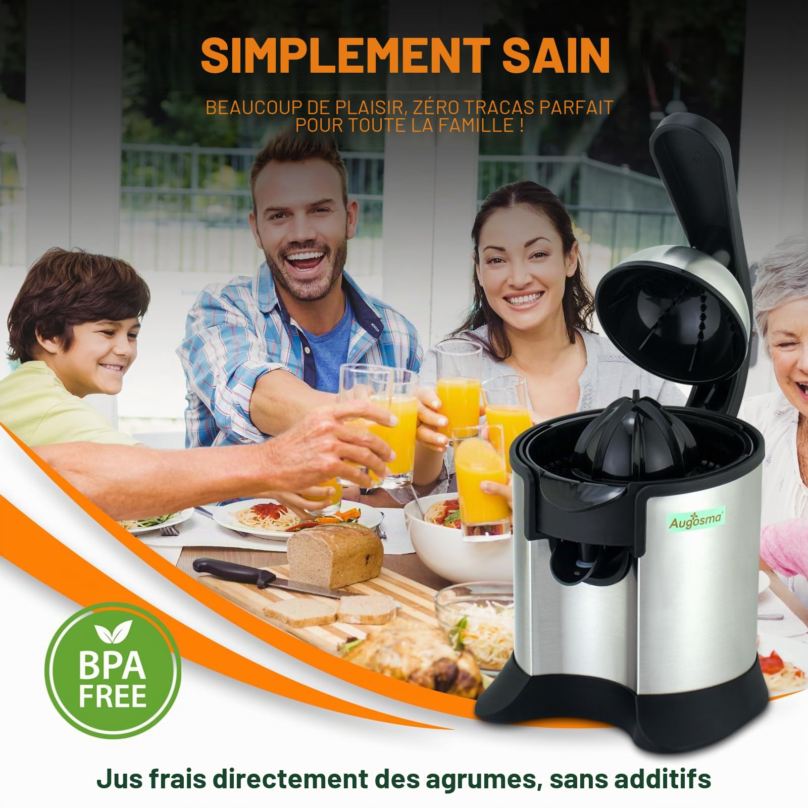 Presse-agrumes électrique de haute qualité, adapté aux oranges, citrons et pamplemousses, acier inoxydable brossé, facile à nettoyer et à utiliser (noir+argent)