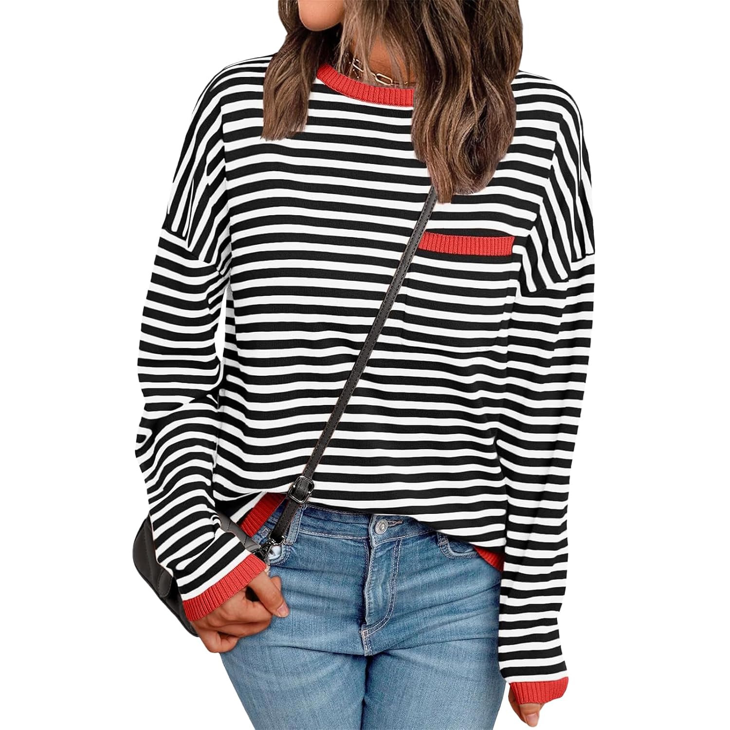 Womens Striped Crewneck Knit Pullover Sweater Oversized Long Sleeve Color Block Pullover Tops Casual Workout Shirt