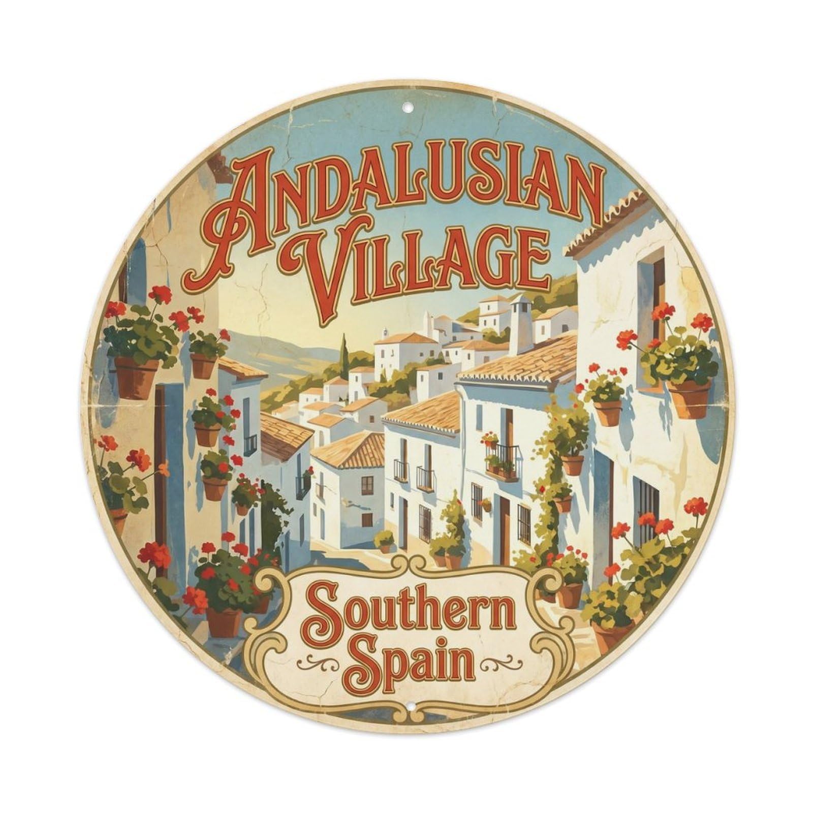 Vintage Travel Andalusian White Village Metal Tin Sign Plaque Wall Decor for Cafe, Club Bar, Office, Home Garden Round Metal Poster 8x8Inch