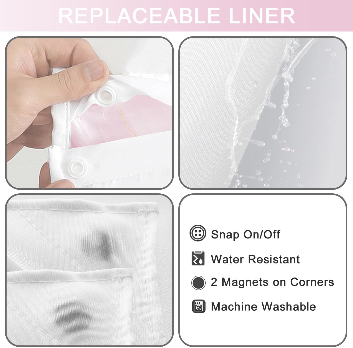 No Hook Floral Shower Curtain with Snap in Fabric Liner Set, Spring Iris Design, Elegant Abstract Marble Flower Ringless Hotel Style for Bathroom Decor, Pink 71x74 Inches