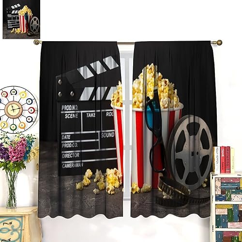 Miniatura 50 de Cortinas opacas para cine en casa, diseño retro moderno, tiras de película de palomitas de maíz para cámara de película, bolsillo para barra,