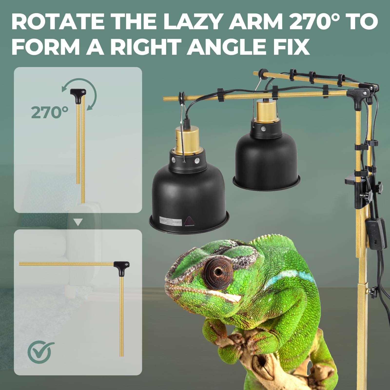 Supporto per lampada a doppio rettile in metallo, 45,2 - 91,9 cm, regolabile, altezza regolabile, supporto retrattile per luce rettile, acquario e terrario, per tartarughe drago barbuto