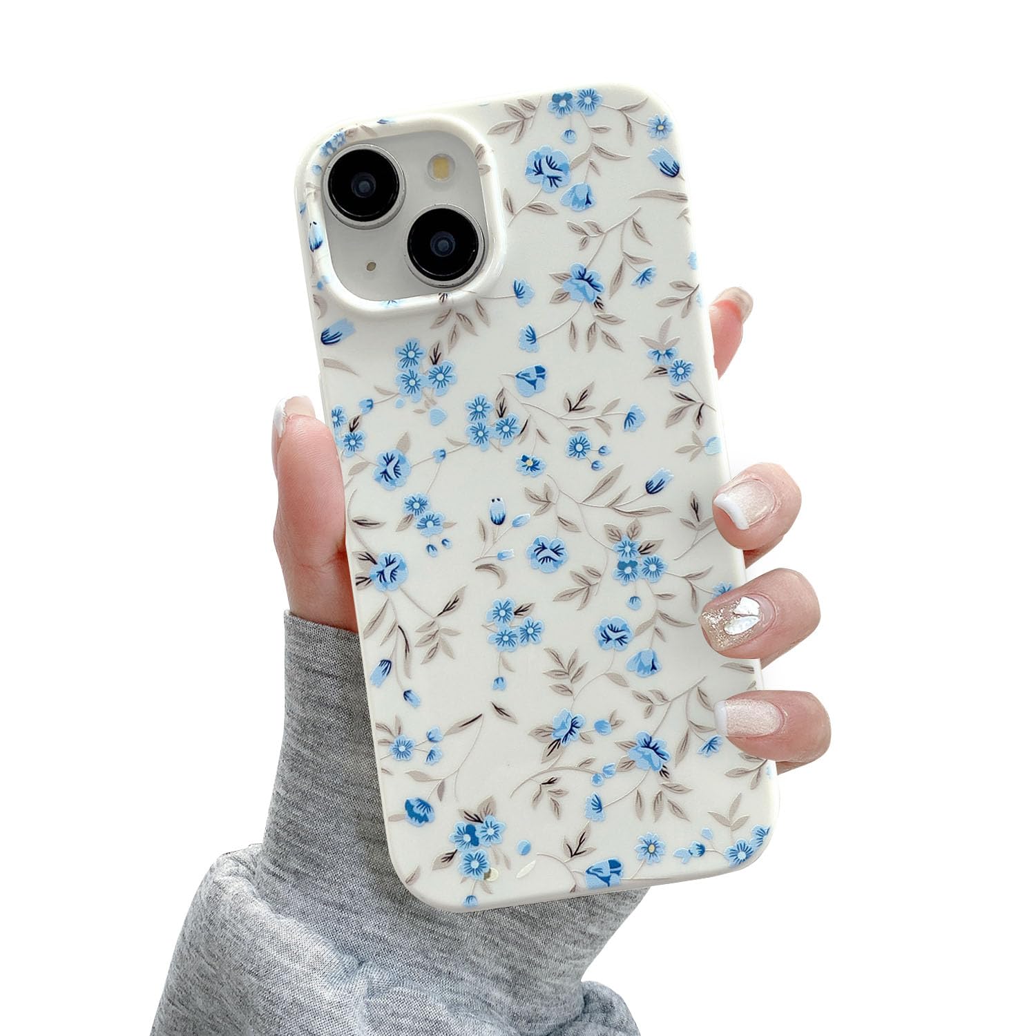 QLTYPRI for iPhone 14 Case, Cute Pink Floral Flower Pattern Aesthetic Phone Case, Raised Camera Protection Soft Slim TPU Shockproof Protective Phone Cover for Girls Women - Blue