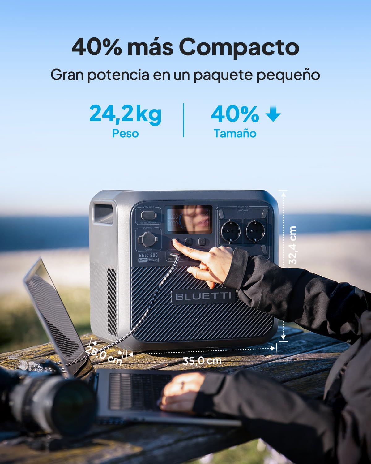 BLUETTI Elite 200 V2 Generador Solar con 200W Panel Solar (Enviar por Separado), 2073,6Wh Estación con 2 Tomas de CA 2600W,17 Años de Vida LiFePO4 para Acampadas, Fuera de Red, Cortes