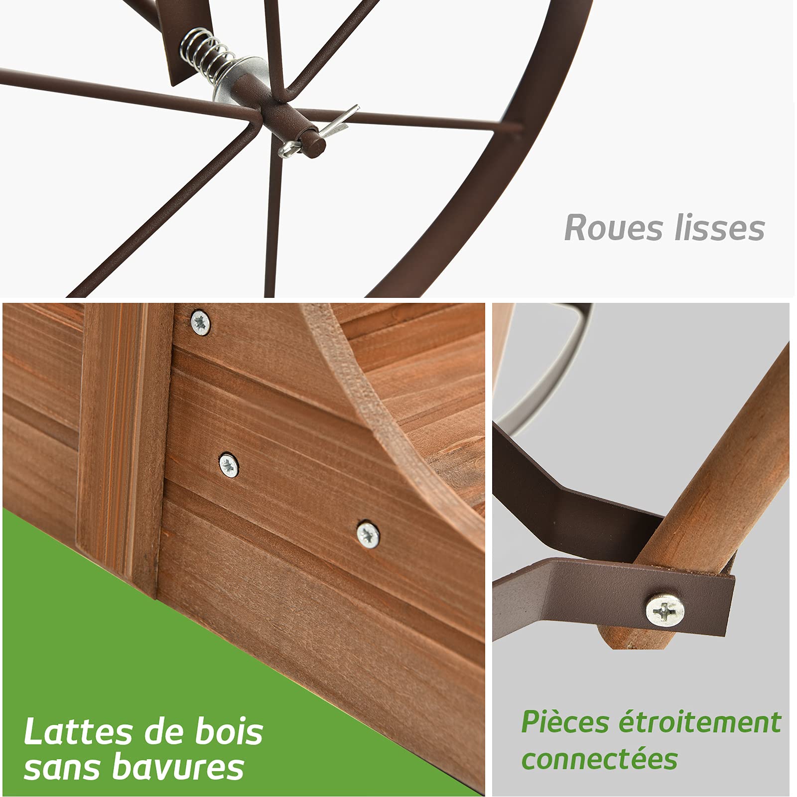 COSTWAY Brouette Décorative en Bois avec 2 Compartiments à Planter, Jardinière avec Roues Métalliques et Poignée à l'avant Charge 15kg pour Cour Jardin Véranda (Marron)