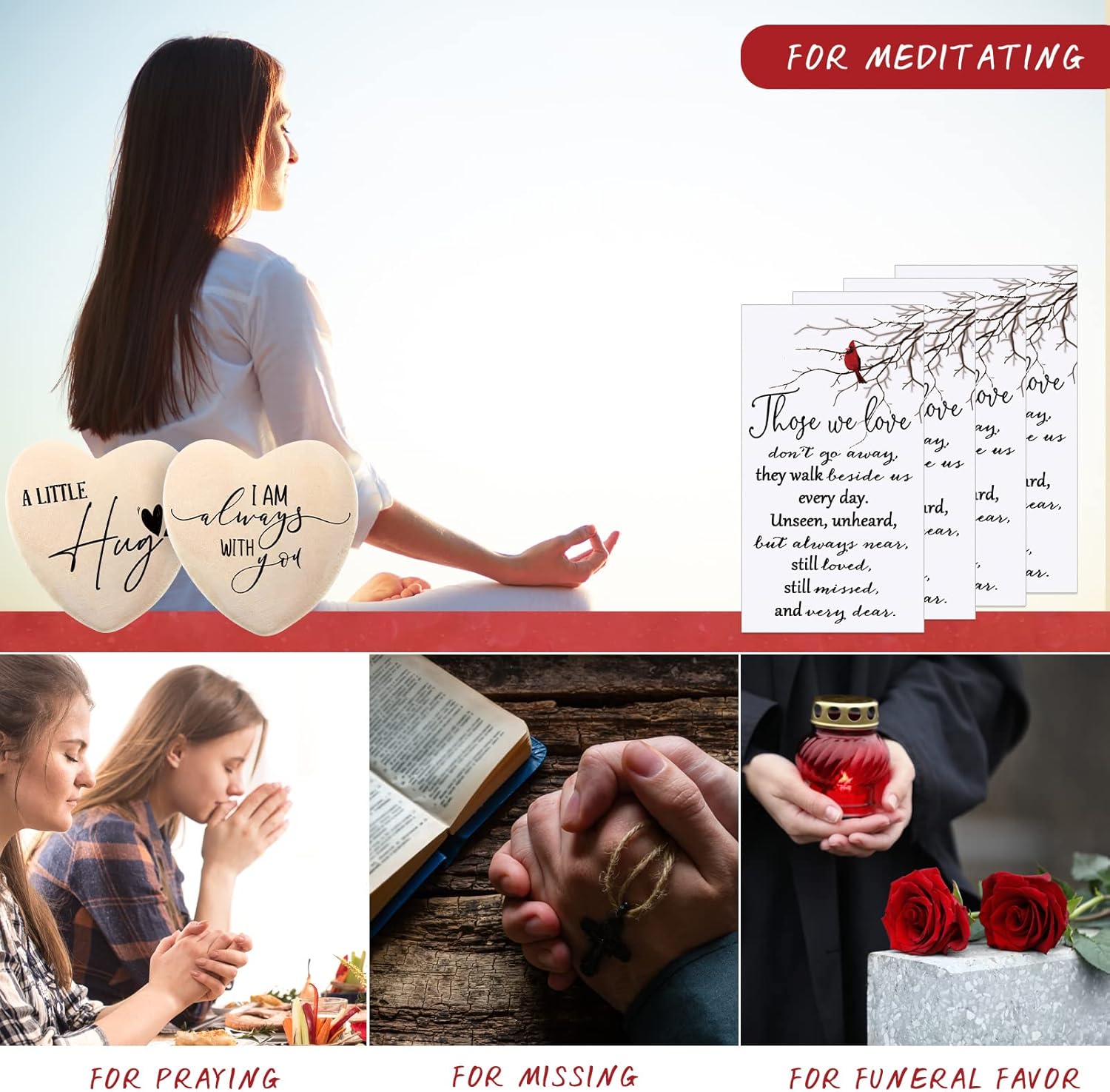 Fumete 50 Sets Funeral Favors for Guests Bulk Pocket Hug Wooden Heart Token with Red Cardinal Greeting Cards and Organza Bags Memorial Day Gifts for Church Family Celebrations of Life Favors